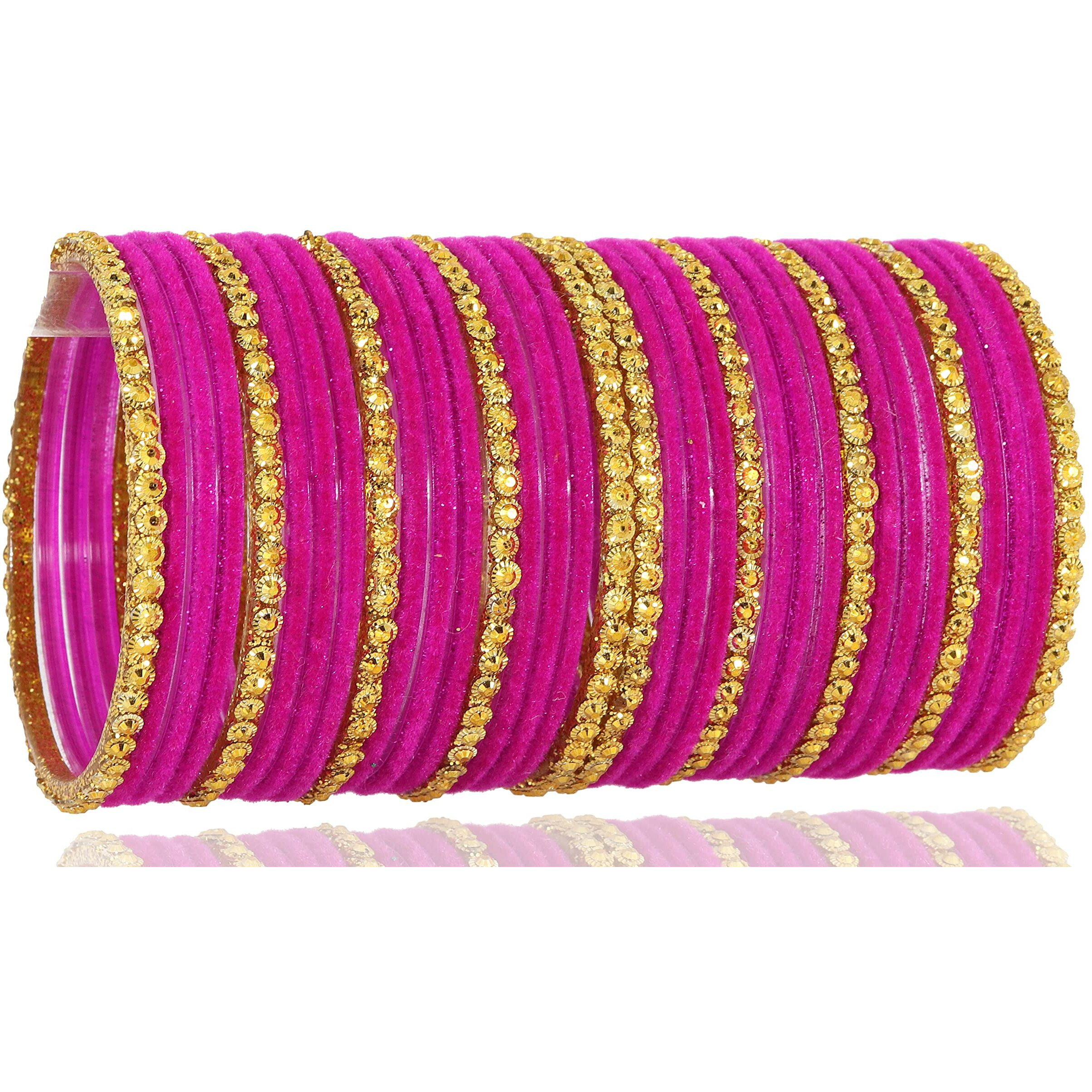 NMII Stylish Glass & Golden Beads Velvet Bangle Set For Women and Girls | Fancy Womens Bangles | Traditional Chudi Set, (F133_Guddan-(3)-Magenta-2.2 Inches)