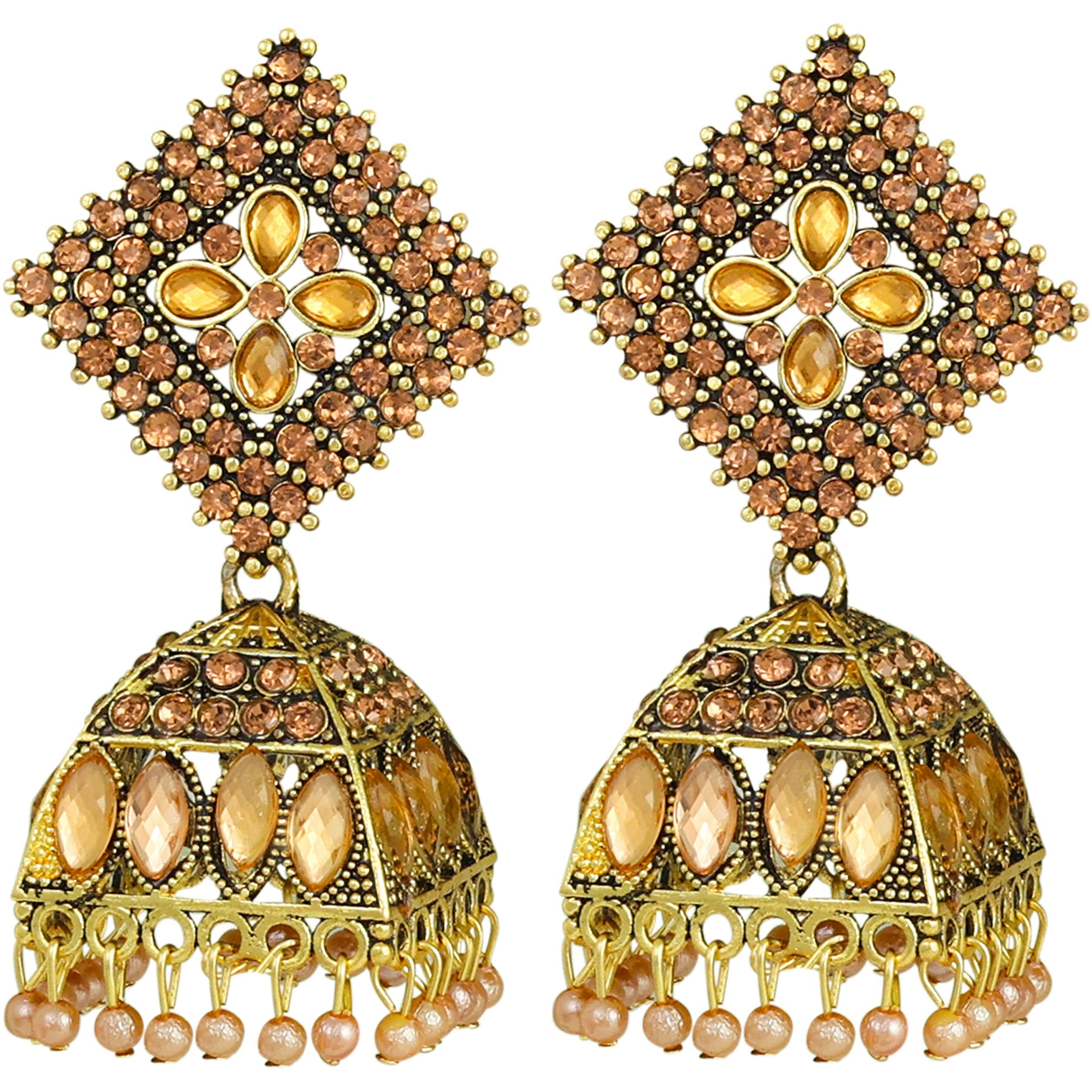 Fashion Frill Stunning Earrings For Women Beige Floral Design Gold Plated Cubic Zirconia Jhumka Earrings For Women Girls
