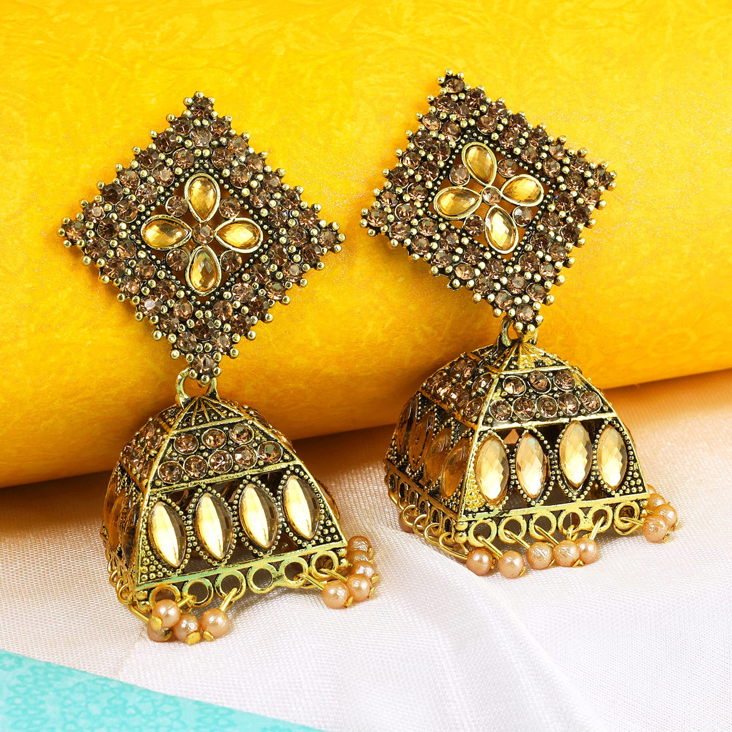 Fashion Frill Stunning Earrings For Women Beige Floral Design Gold Plated Cubic Zirconia Jhumka Earrings For Women Girls