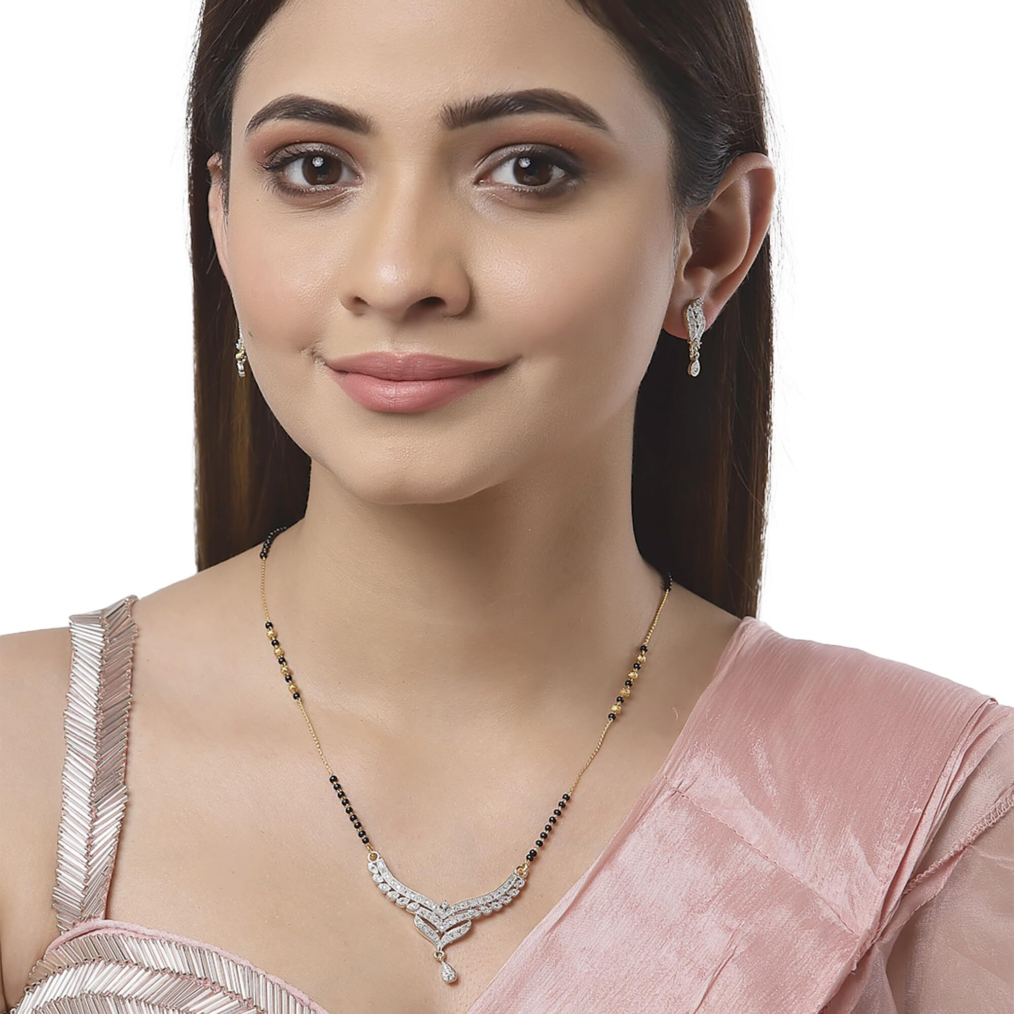 Zeneme Womens Pride American Diamond Gold Plated Mangalsutra Pendant with Chain and Earrings for Women