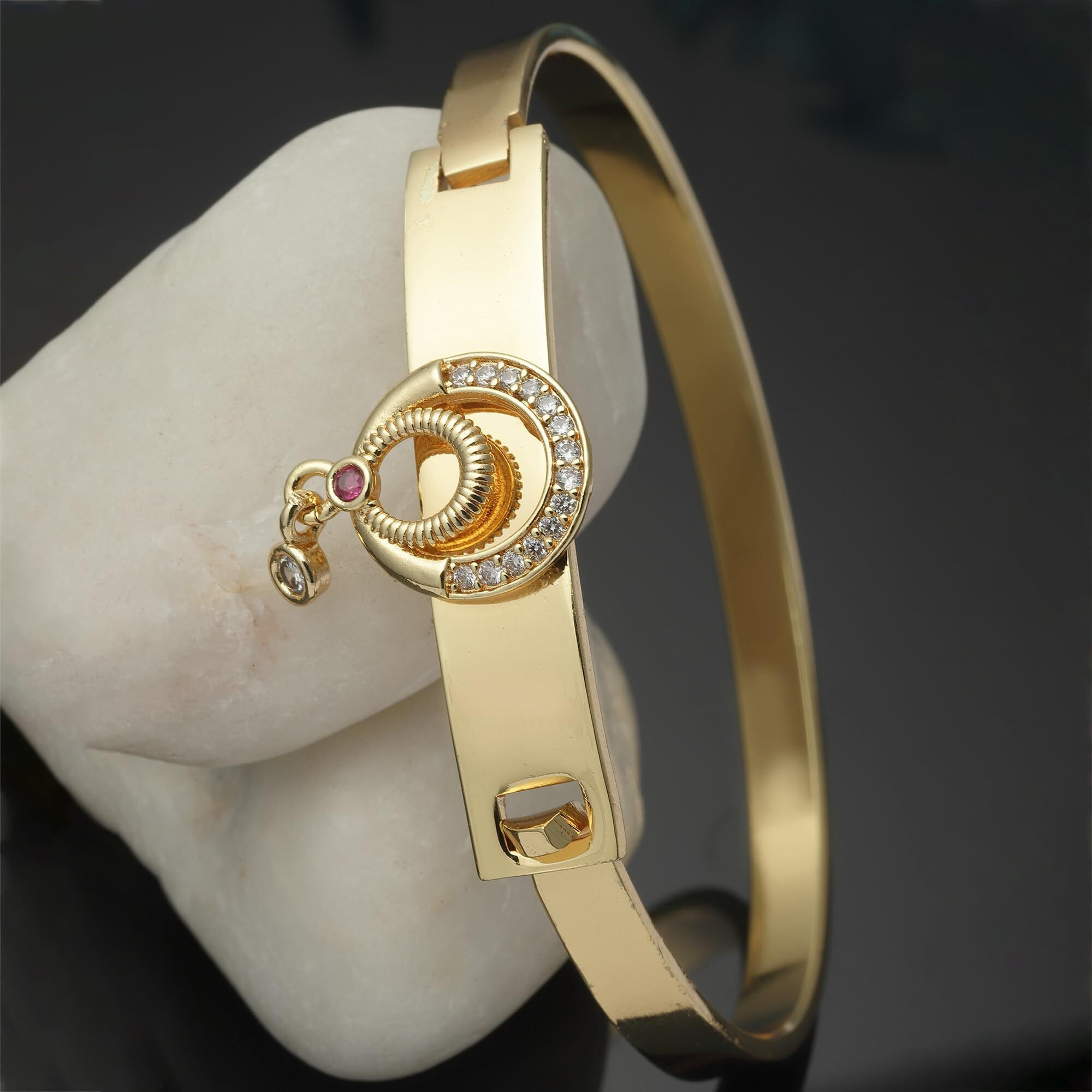 ZENEME Gold-Plated White Cubic Zirconia Studded Openable Bangle Kada Handcrafted Stylish Cuff Bracelet for Women and Girls