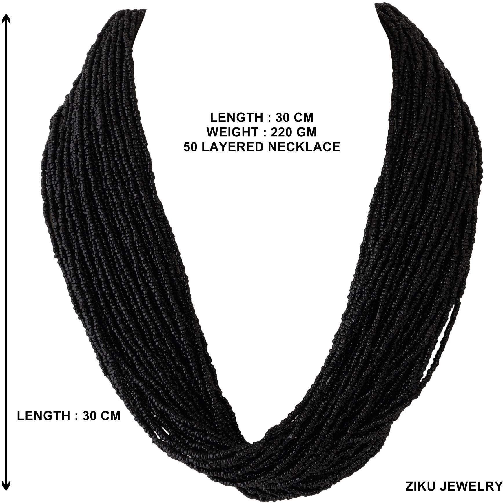 ZIKU JEWELRY 50 LAYERED MULTI STRAND SYNTHETIC BEAD HEAVY NECKLACE FOR WOMEN AND GIRLS (Black)