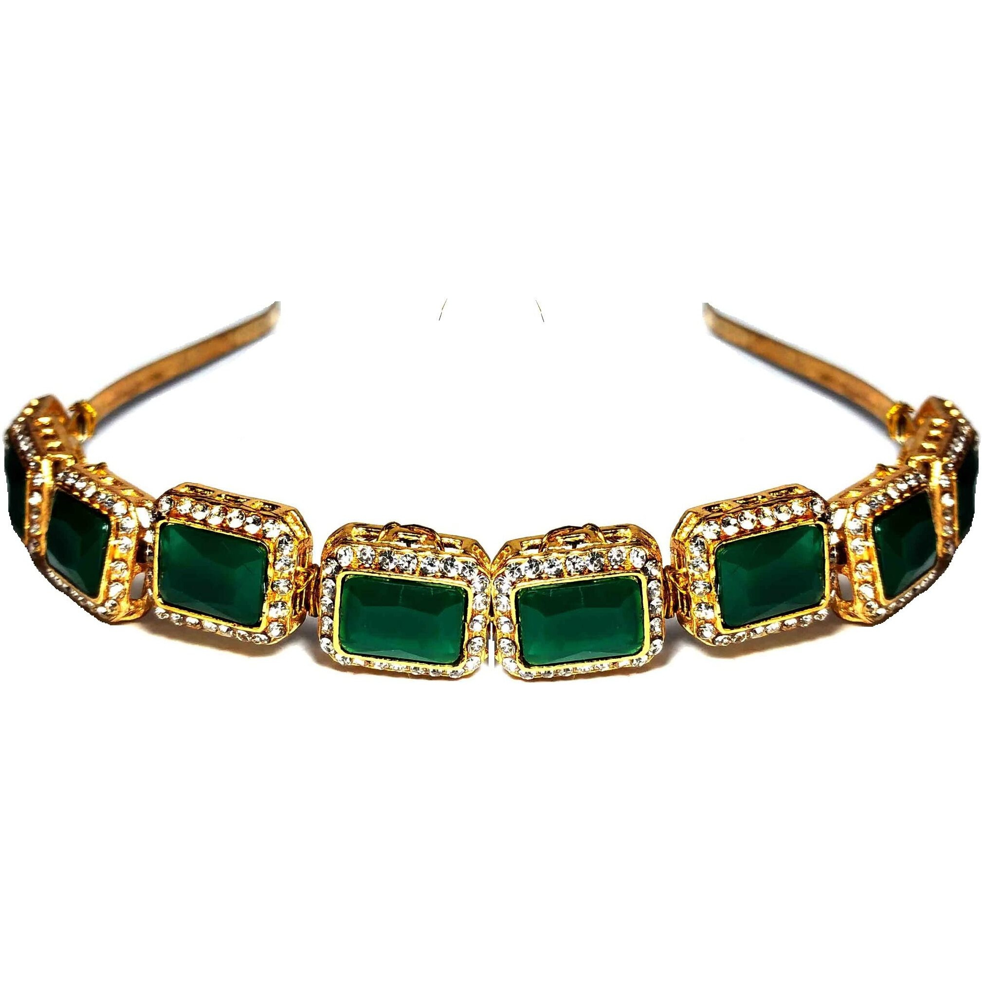 Pinoozclub Kundan Gold Plated Hair Band for Women and Girls/Bride (Green Stone)