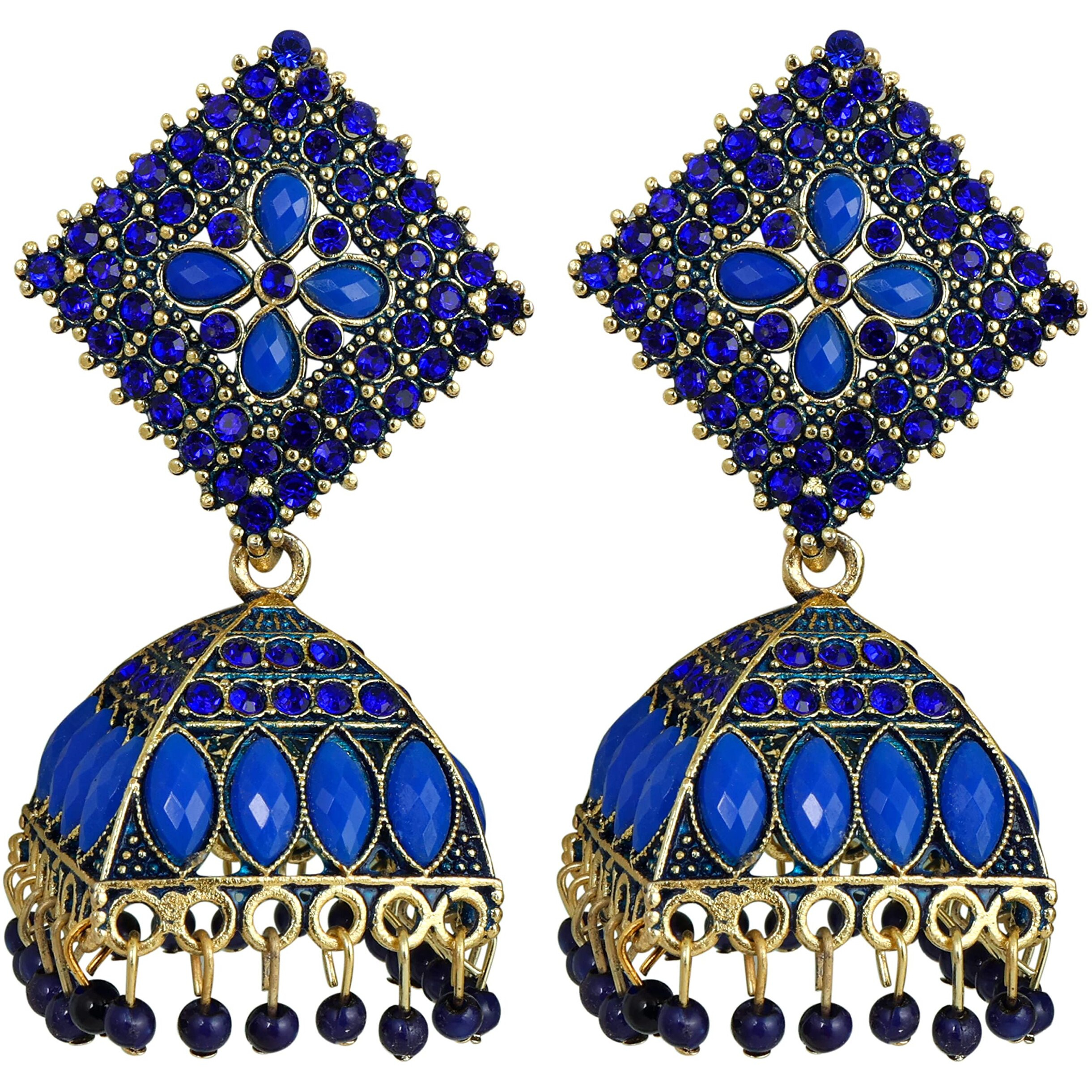 Fashion Frill Elegant Earrings For Women Blue Floral Design Gold Plated Cubic Zirconia Jhumka Earrings For Women Girls