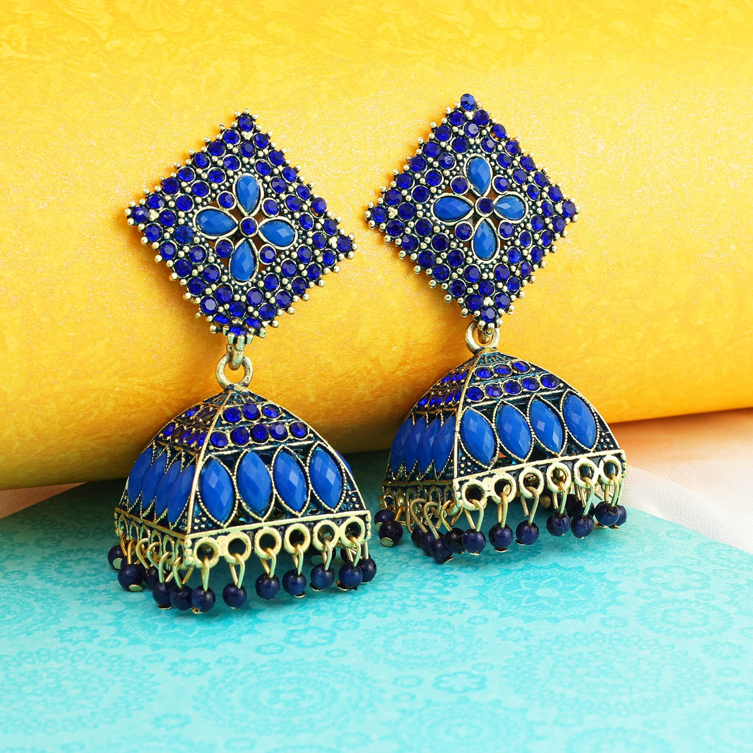Fashion Frill Elegant Earrings For Women Blue Floral Design Gold Plated Cubic Zirconia Jhumka Earrings For Women Girls