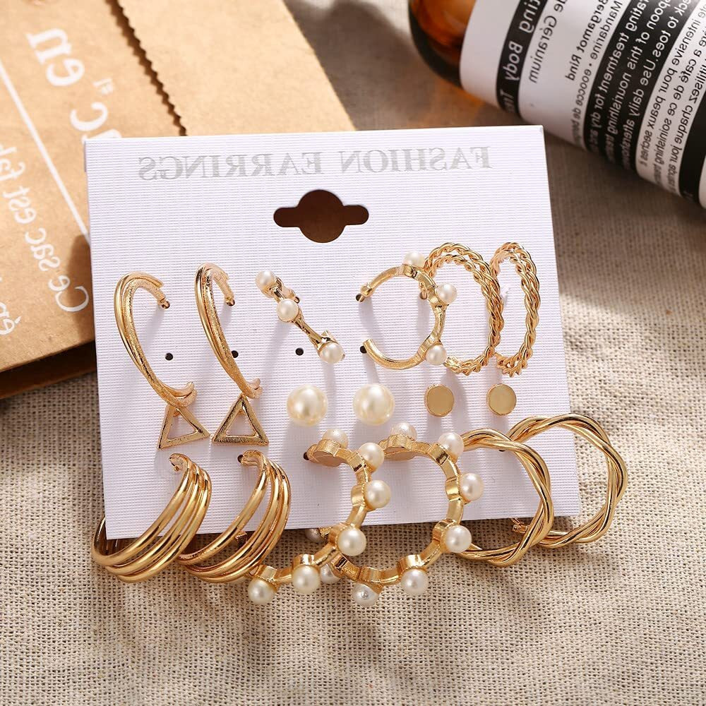 Shining Diva Fashion Latest Stylish Combo Design 9 Pairs Metal Earrings for Women and Girls (L12789er), Golden, 1