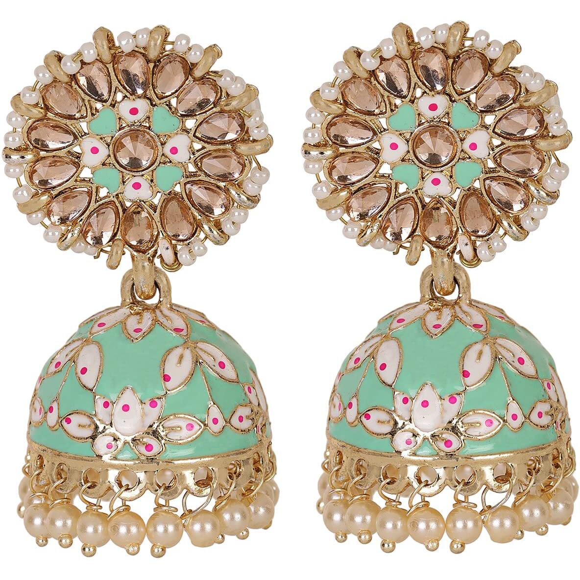 Shining Diva Fashion Latest Stylish Traditional Gold Plated Jhumki Earrings for Women & Girls (13616er), Gold Sea Green, One Size