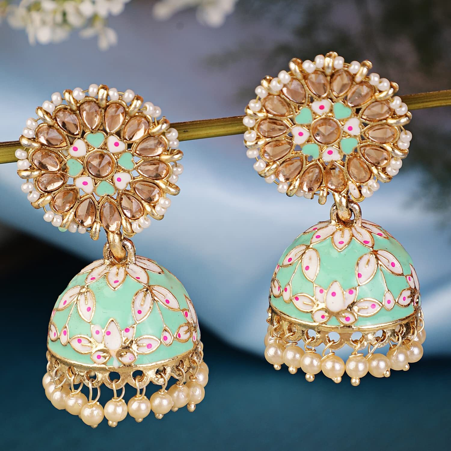 Shining Diva Fashion Latest Stylish Traditional Gold Plated Jhumki Earrings for Women & Girls (13616er), Gold Sea Green, One Size