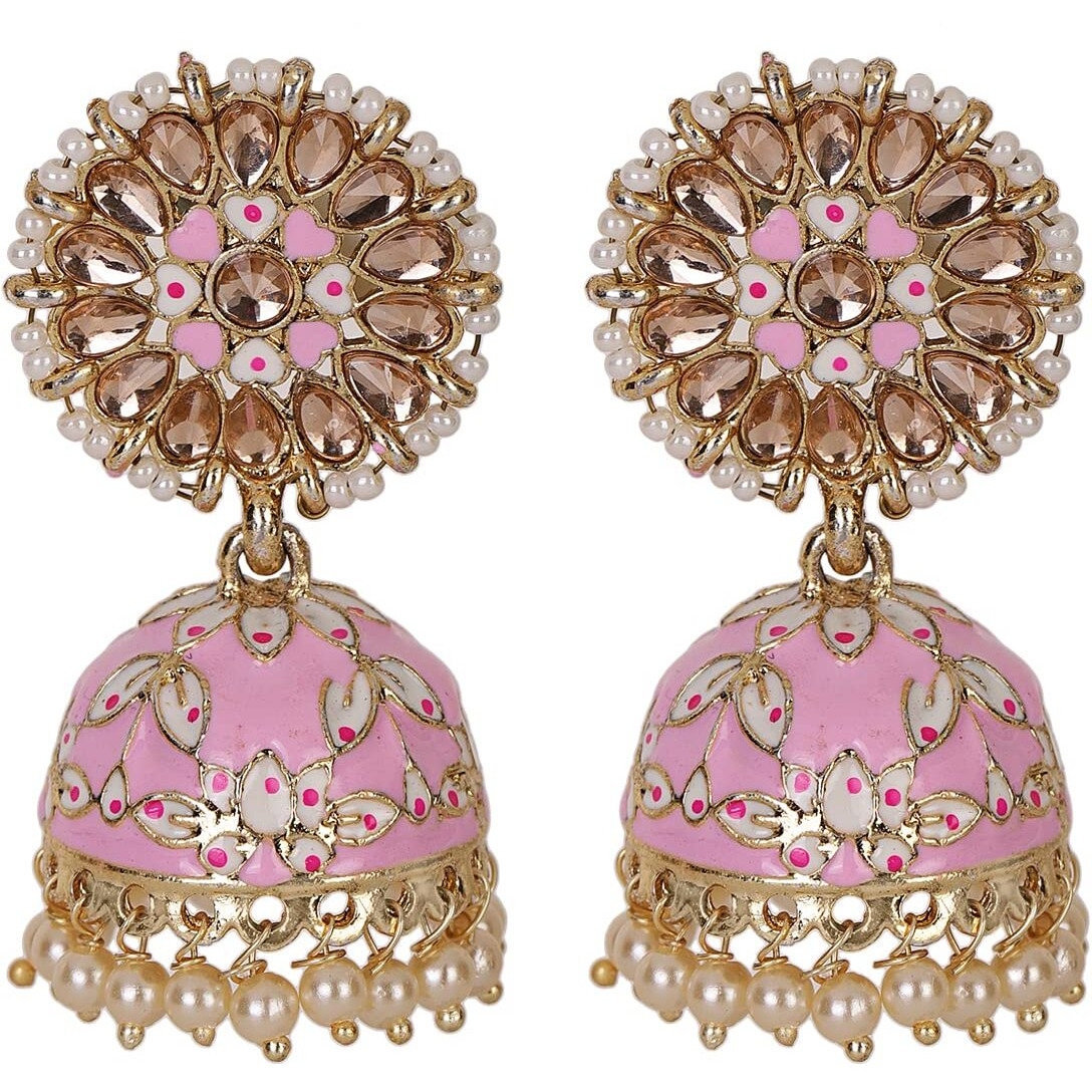 Shining Diva Fashion Latest Stylish Traditional Gold Plated Jhumki Earrings for Women & Girls (13609er), Gold Pink1, One Size