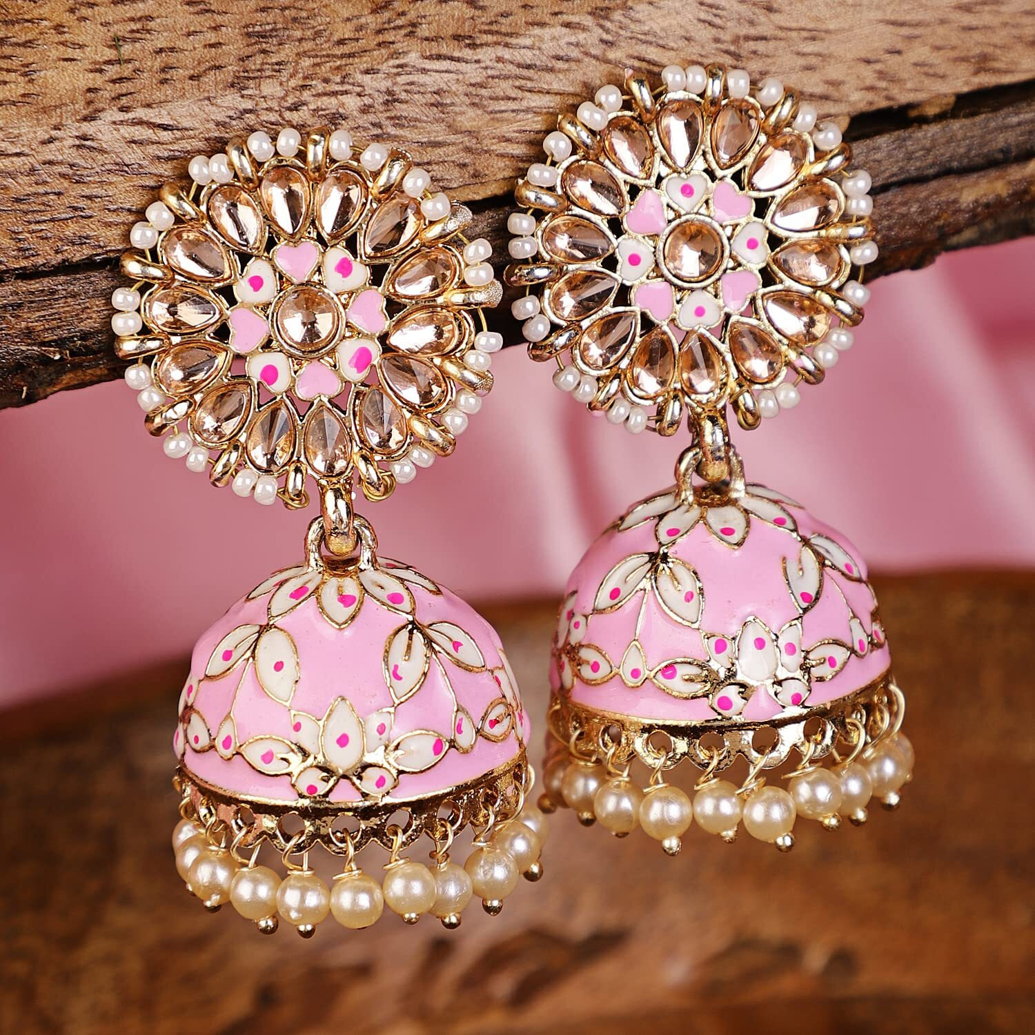 Shining Diva Fashion Latest Stylish Traditional Gold Plated Jhumki Earrings for Women & Girls (13609er), Gold Pink1, One Size