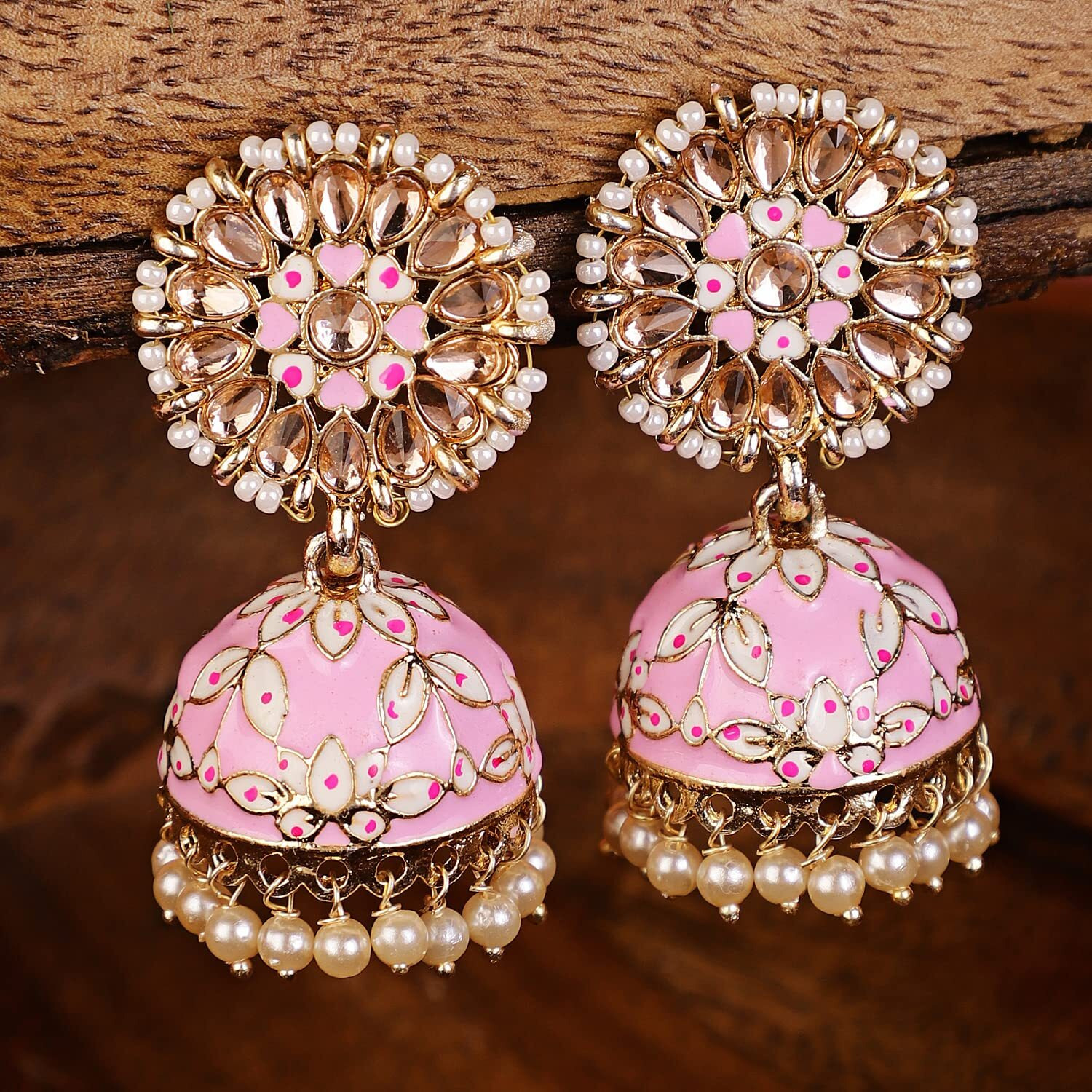 Shining Diva Fashion Latest Stylish Traditional Gold Plated Jhumki Earrings for Women & Girls (13609er), Gold Pink1, One Size