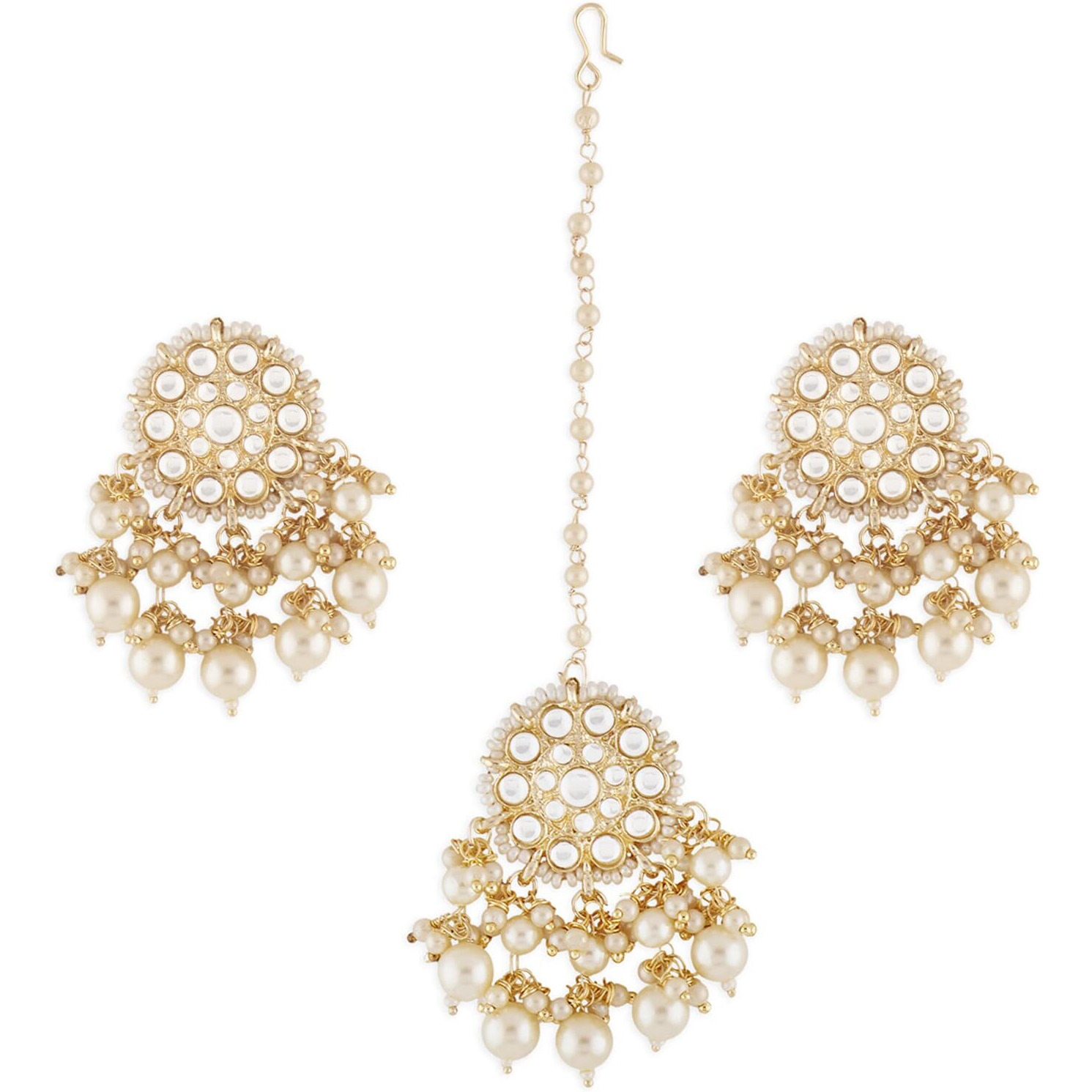 ZAVERI PEARLS Gold Tone Kundan & Pearls Traditional Drop Earring & Maangtikka Set For Women-ZPFK13161