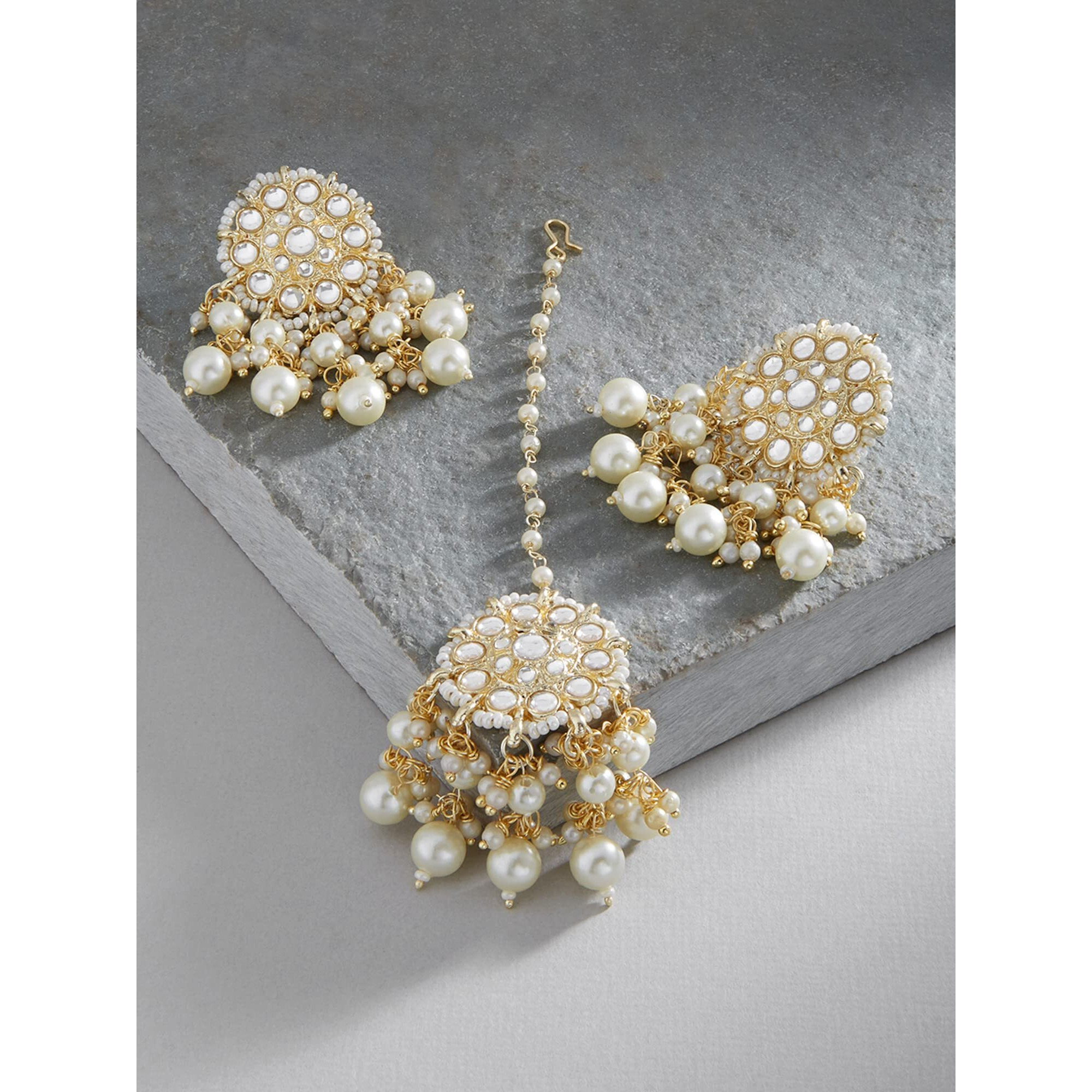 ZAVERI PEARLS Gold Tone Kundan & Pearls Traditional Drop Earring & Maangtikka Set For Women-ZPFK13161