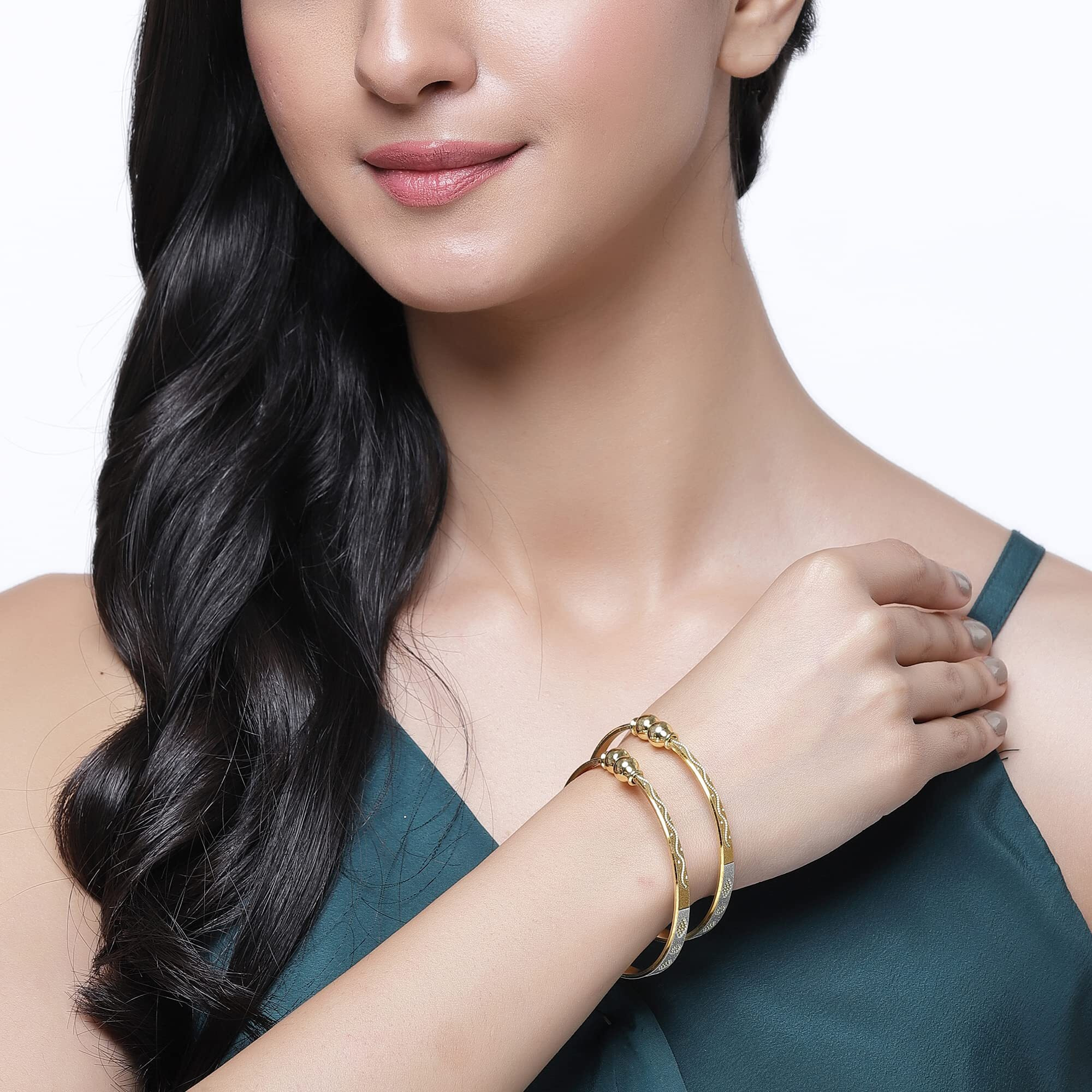 ZENEME 18 K Gold-Plated Dual Tone Handcrafted Openable Bangle Kada Set of 2 Bracelet Bangles for Women and Girls