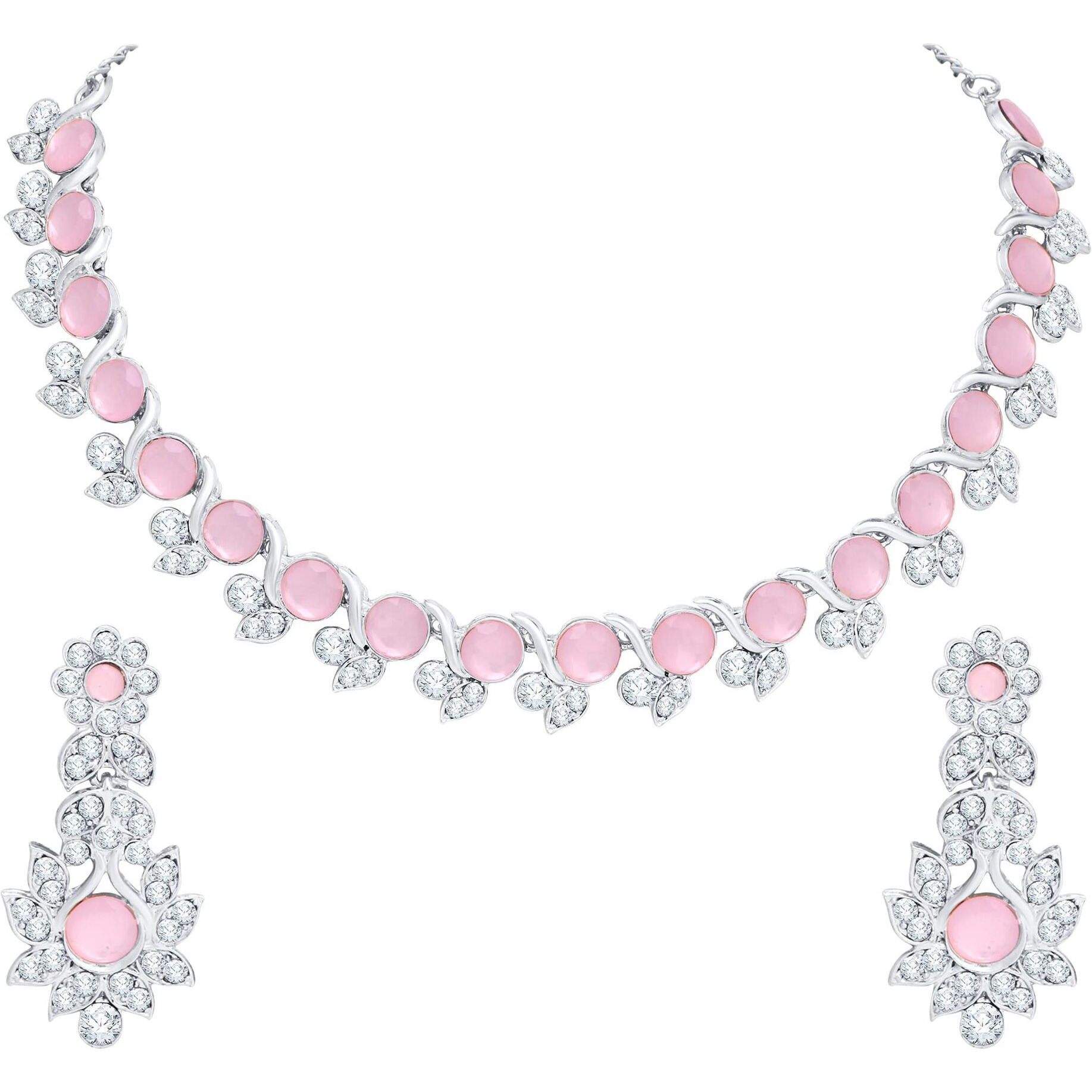 Atasi International Silver Plated Mint Pink Crystal Diamond Womens Necklace Set | Jewellery Set With Earrings | RMP5764