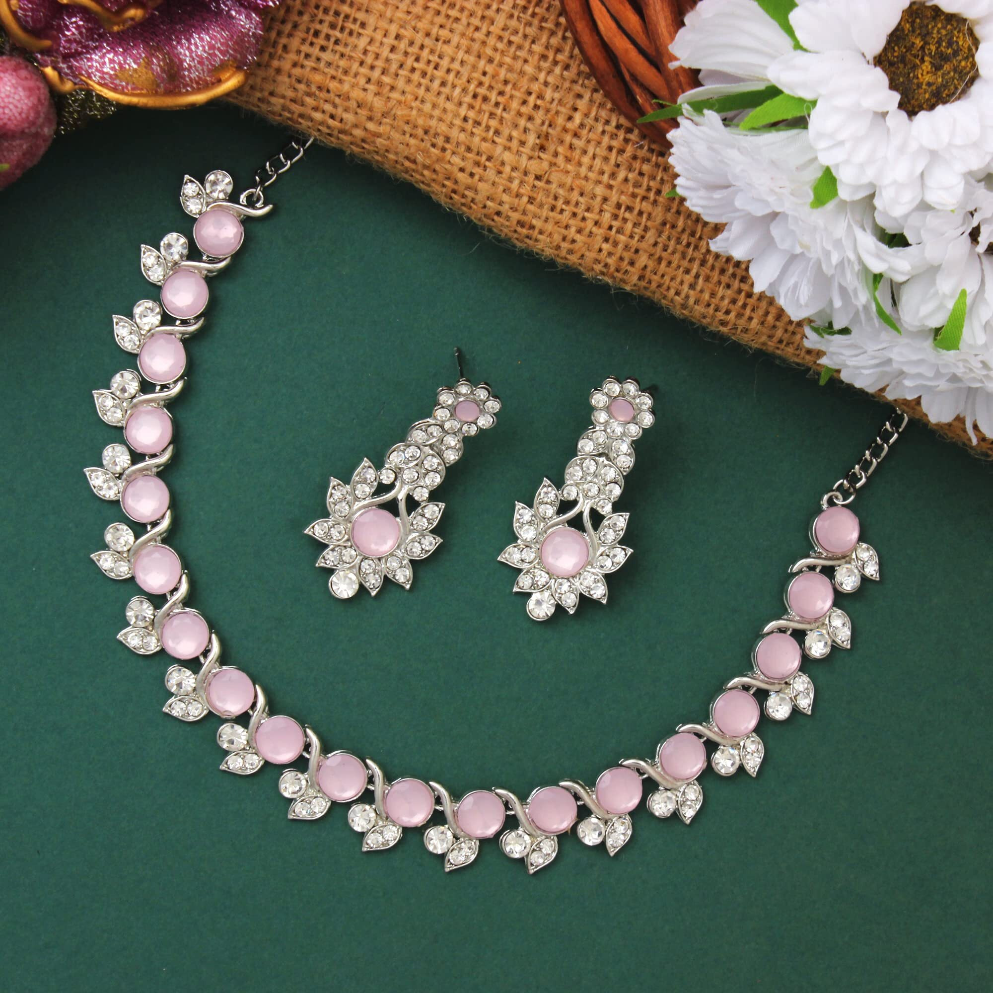 Atasi International Silver Plated Mint Pink Crystal Diamond Womens Necklace Set | Jewellery Set With Earrings | RMP5764