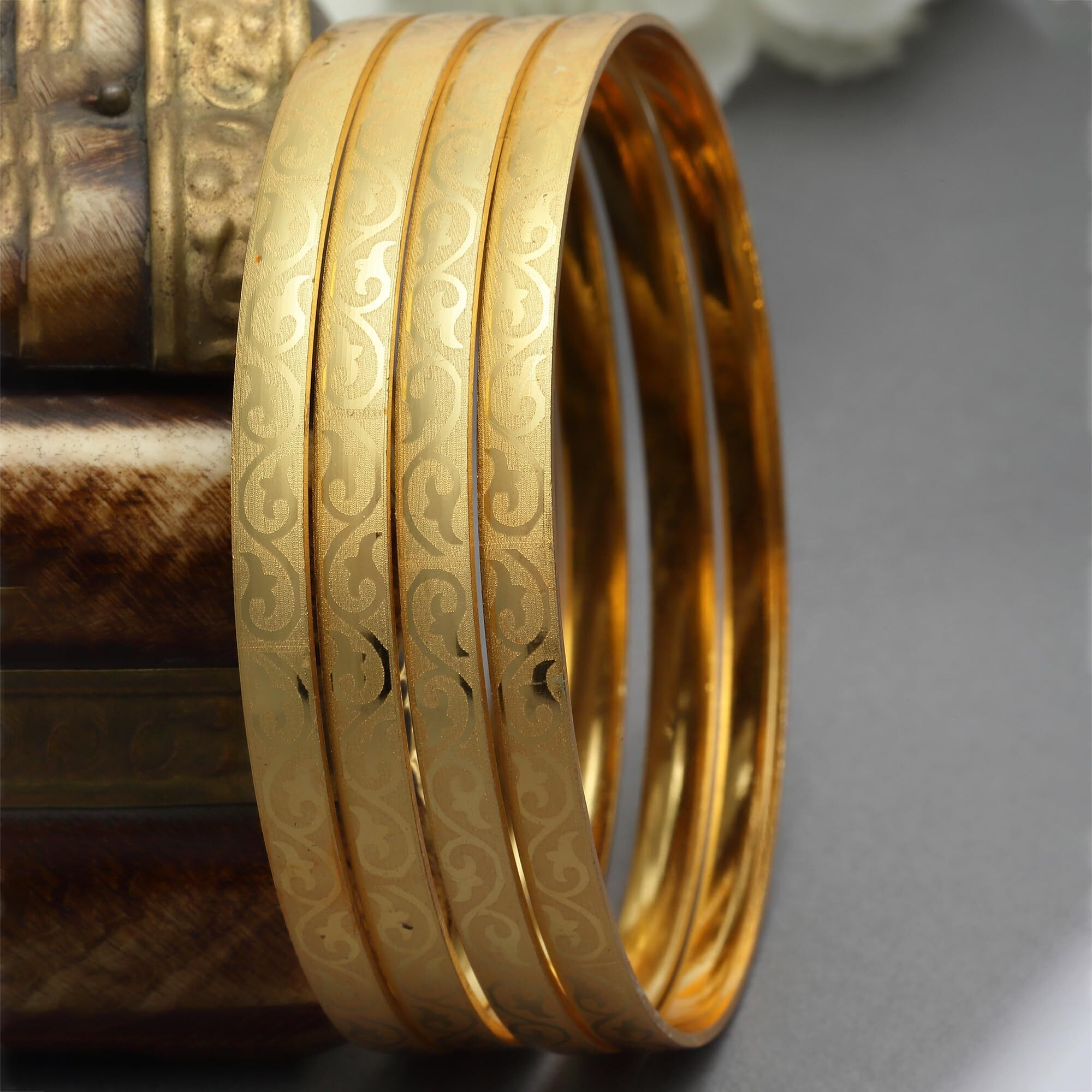 ZENEME Set Of 4 Gold-Plated Textured Handcarfted Classic Bangles For Girls and Women (Vine, 2.4)