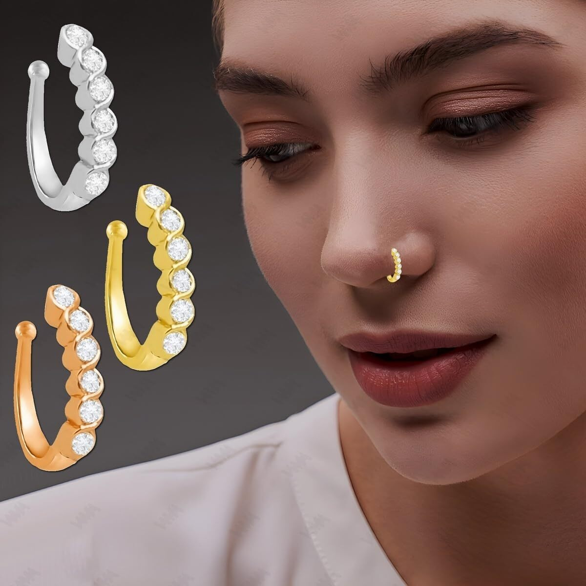 VAMA FASHIONS Clip on Nose rings without Piercing Pressing Press Type Combo Nose Pin Stud for Women & Girls (Non piercing Nose ring)