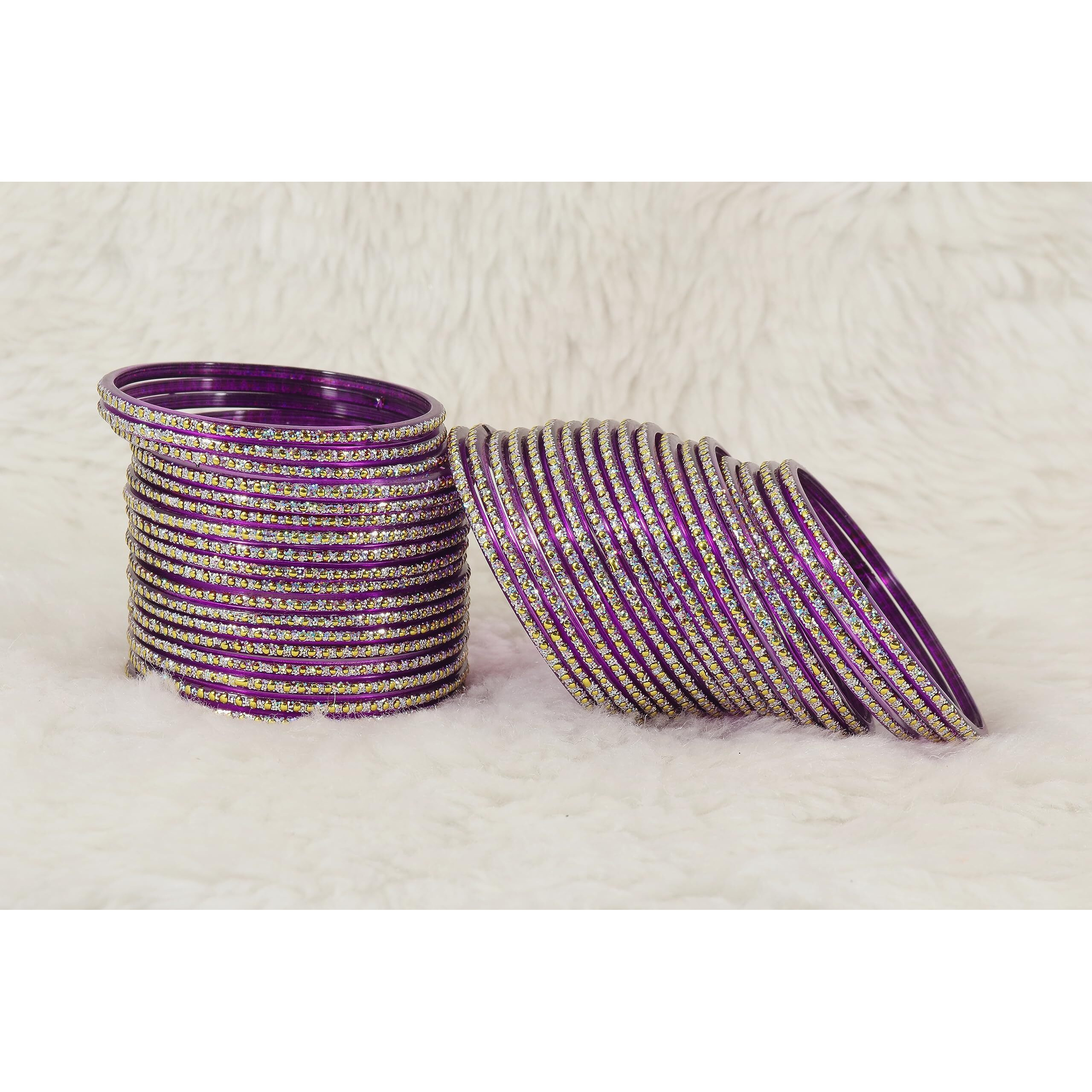 NMII Glass with Polka Dots & Glitter Stylish Fancy Bangles Set For Women & Girls | Glass Bangles | Traditional Women Bangles - Pack of 36 Bangle, (F181-Momos-Purple-2.6 Inches), Pack Of 36 Bangles