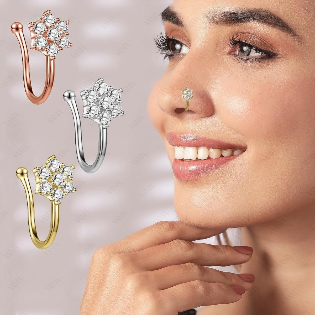 VAMA FASHIONS Clip on Nose rings without Piercing Pressing Press Type Combo Nose Pin Stud for Women & Girls (Nose ring without Piercing)
