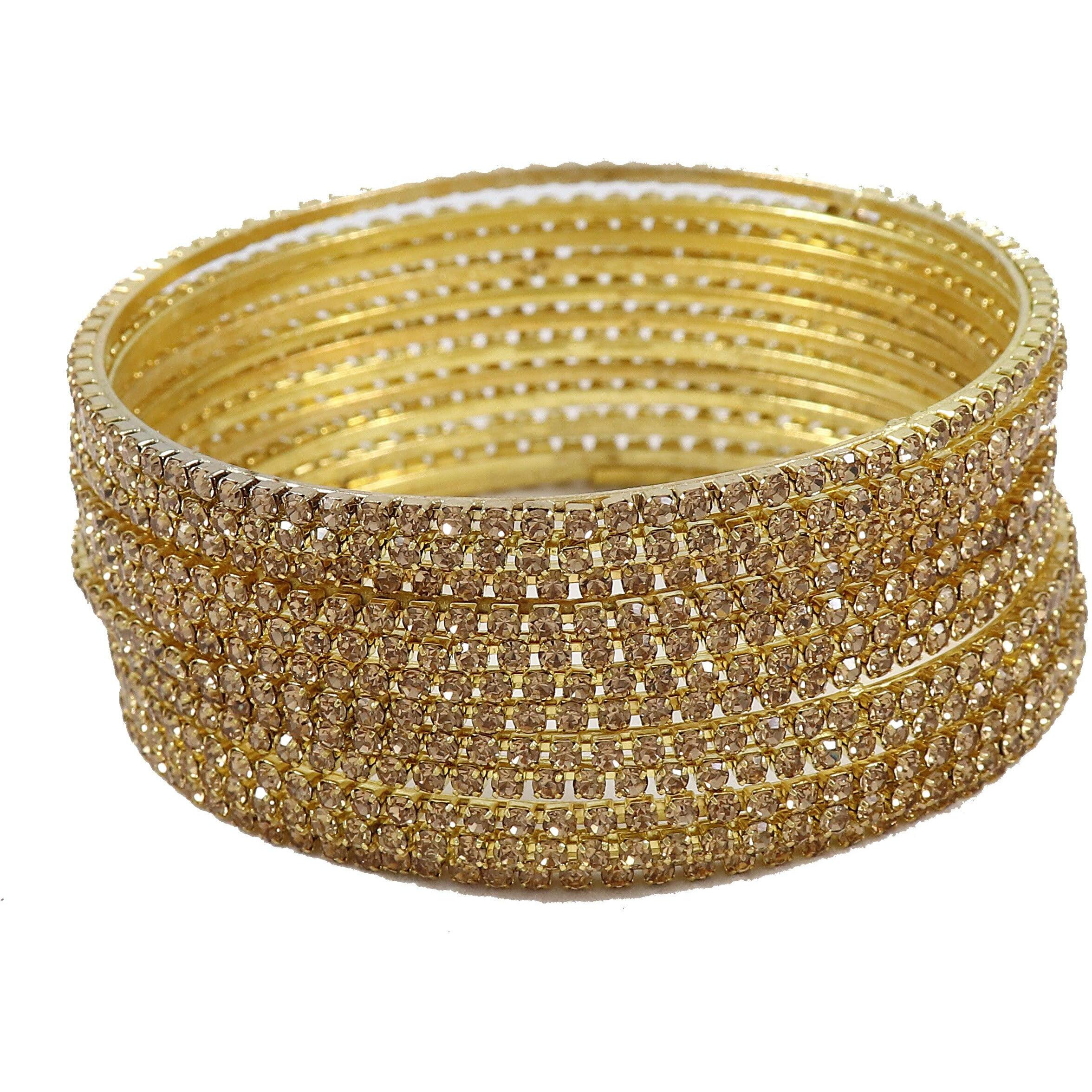 ZULKA Non-Precious Metal Base Metal with Zircon Gemstone Studded worked Glossy Finished Bangle Set For Women and Girls, (Golden_2.2 Inches), Pack Of 12 Bangle Set