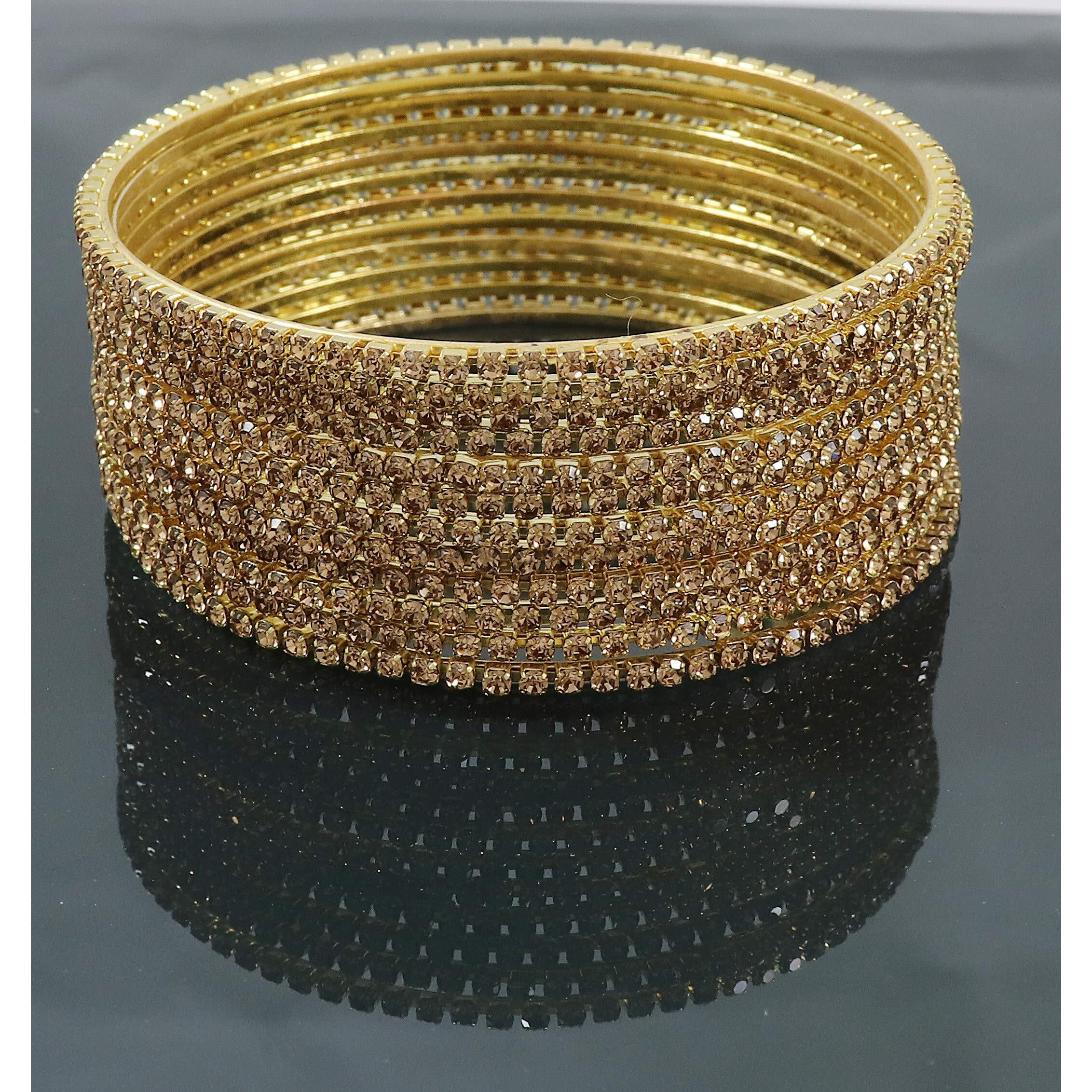 ZULKA Non-Precious Metal Base Metal with Zircon Gemstone Studded worked Glossy Finished Bangle Set For Women and Girls, (Golden_2.2 Inches), Pack Of 12 Bangle Set