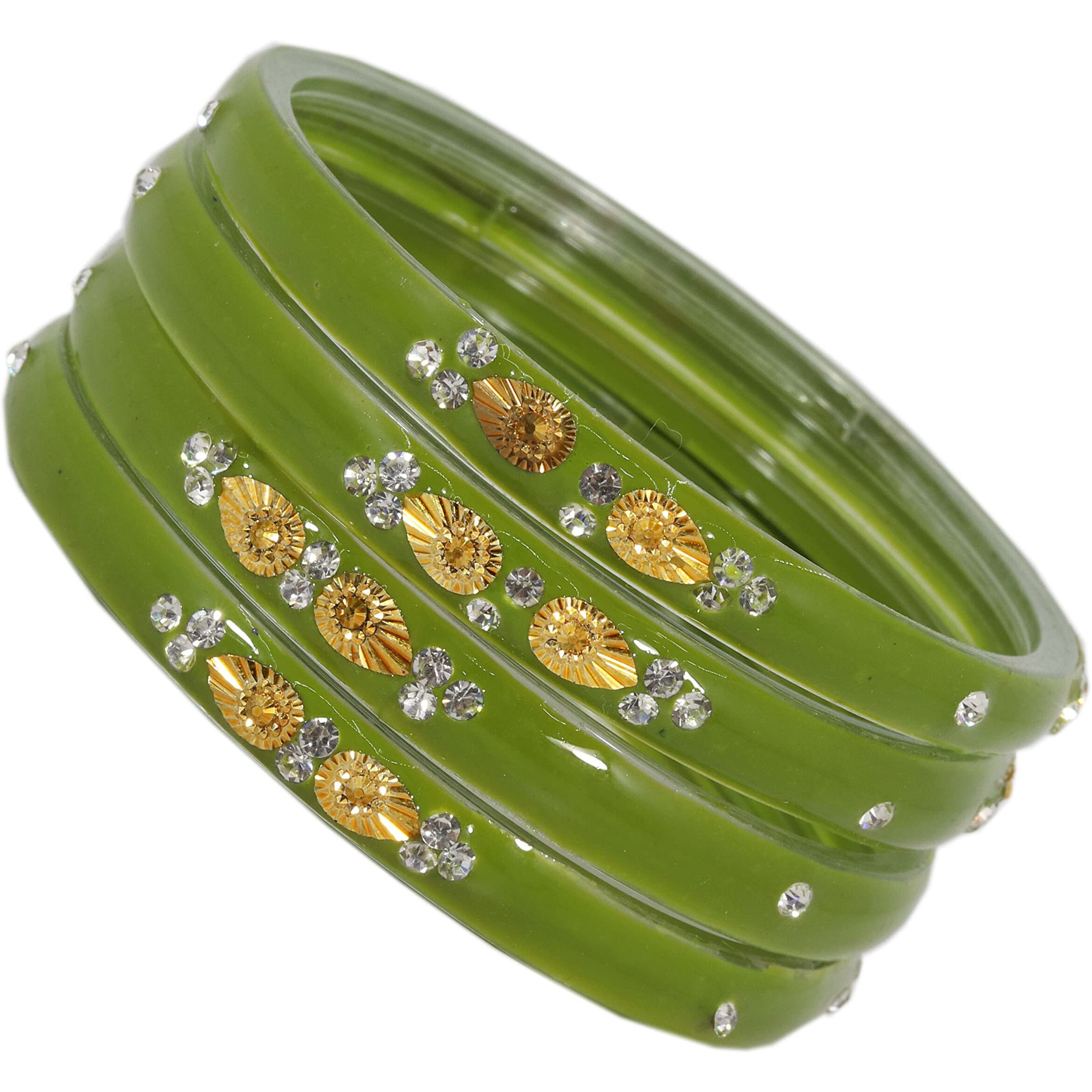 NMII Glass with Zircon Gemstone and Beads Studded Glossy Finished Kada For Women and Girls, Pack of 4, (TGreen_2.4 Inches)
