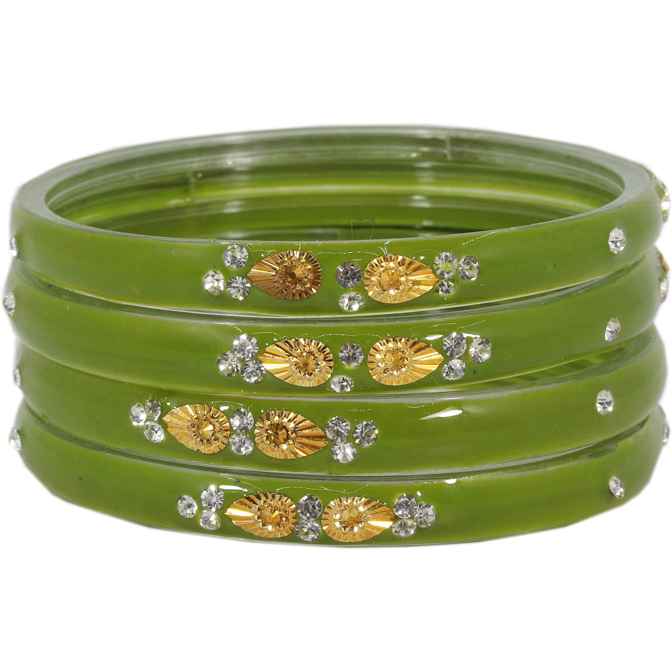NMII Glass with Zircon Gemstone and Beads Studded Glossy Finished Kada For Women and Girls, Pack of 4, (TGreen_2.4 Inches)