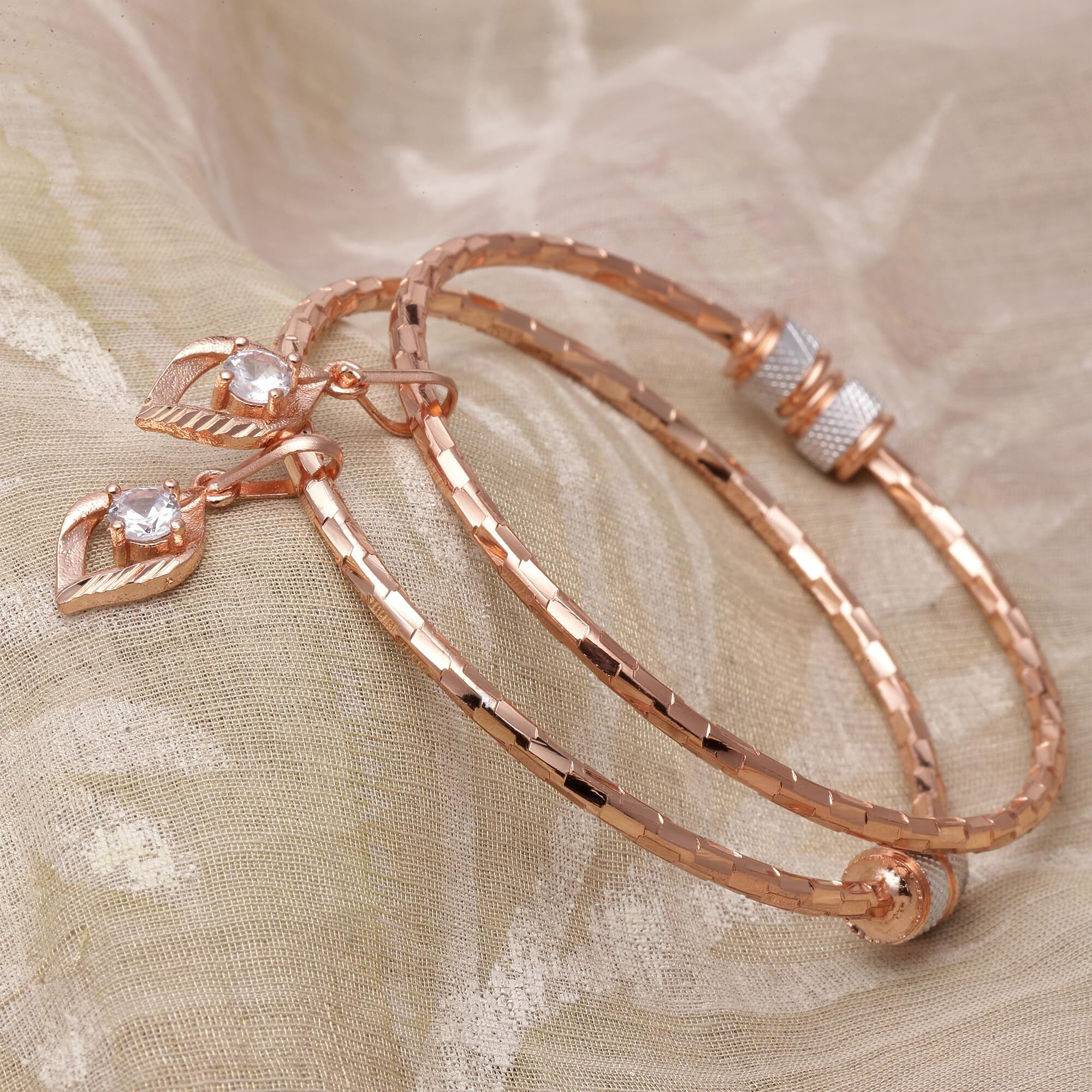 ZENEME 18k Rose Gold Plated Crystal Handcrafted Set of 2 Kada Bangle Openable Bracelet For Women