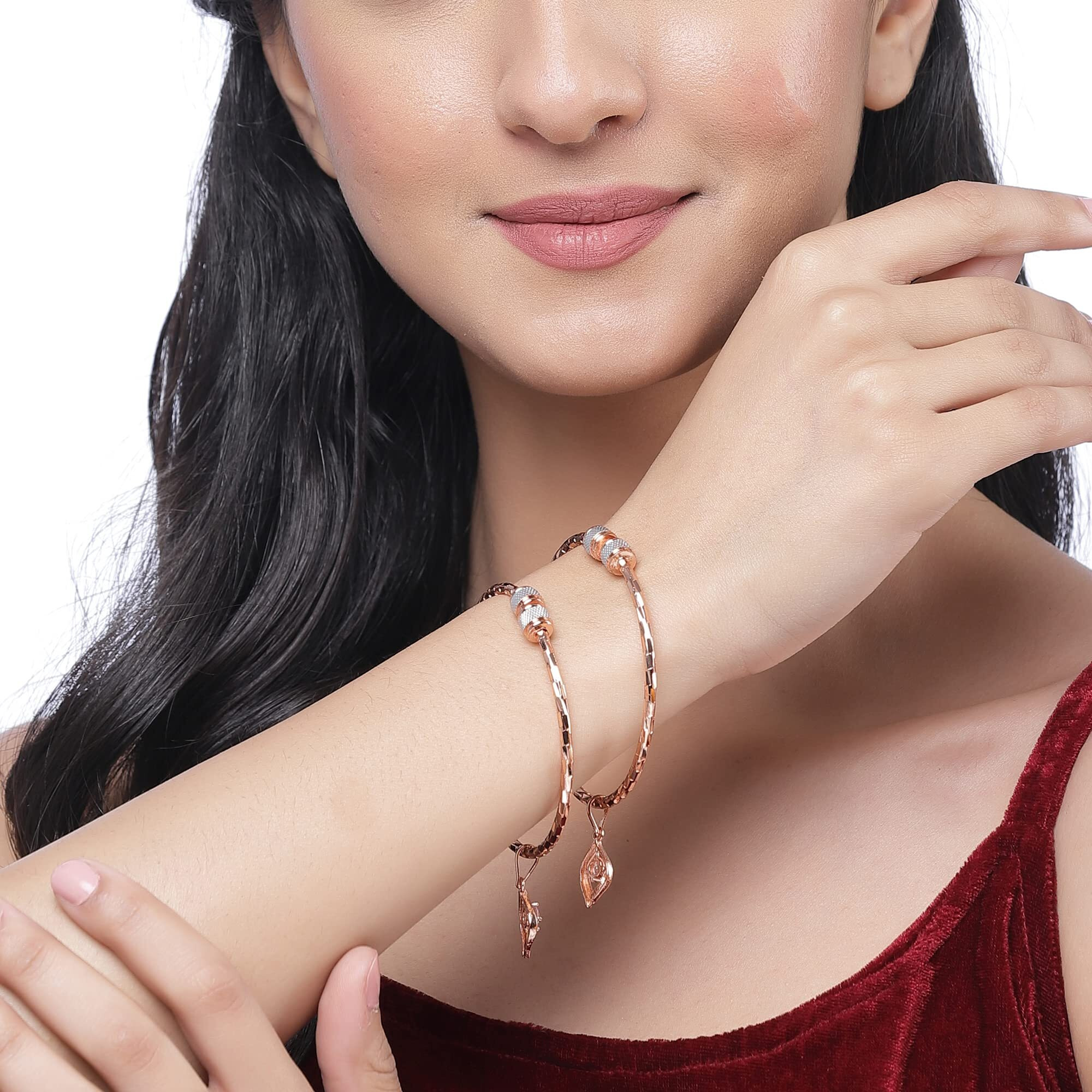 ZENEME 18k Rose Gold Plated Crystal Handcrafted Set of 2 Kada Bangle Openable Bracelet For Women
