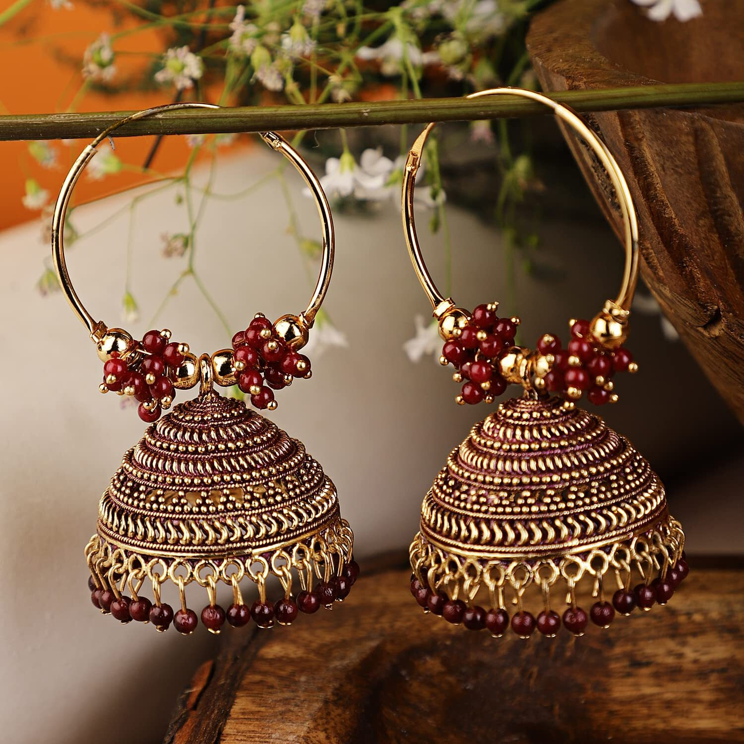 Shining Diva Fashion Latest Stylish Traditional Hoop Jhumki Earrings for Women & Girls (13624er), Gold Maroon, One Size