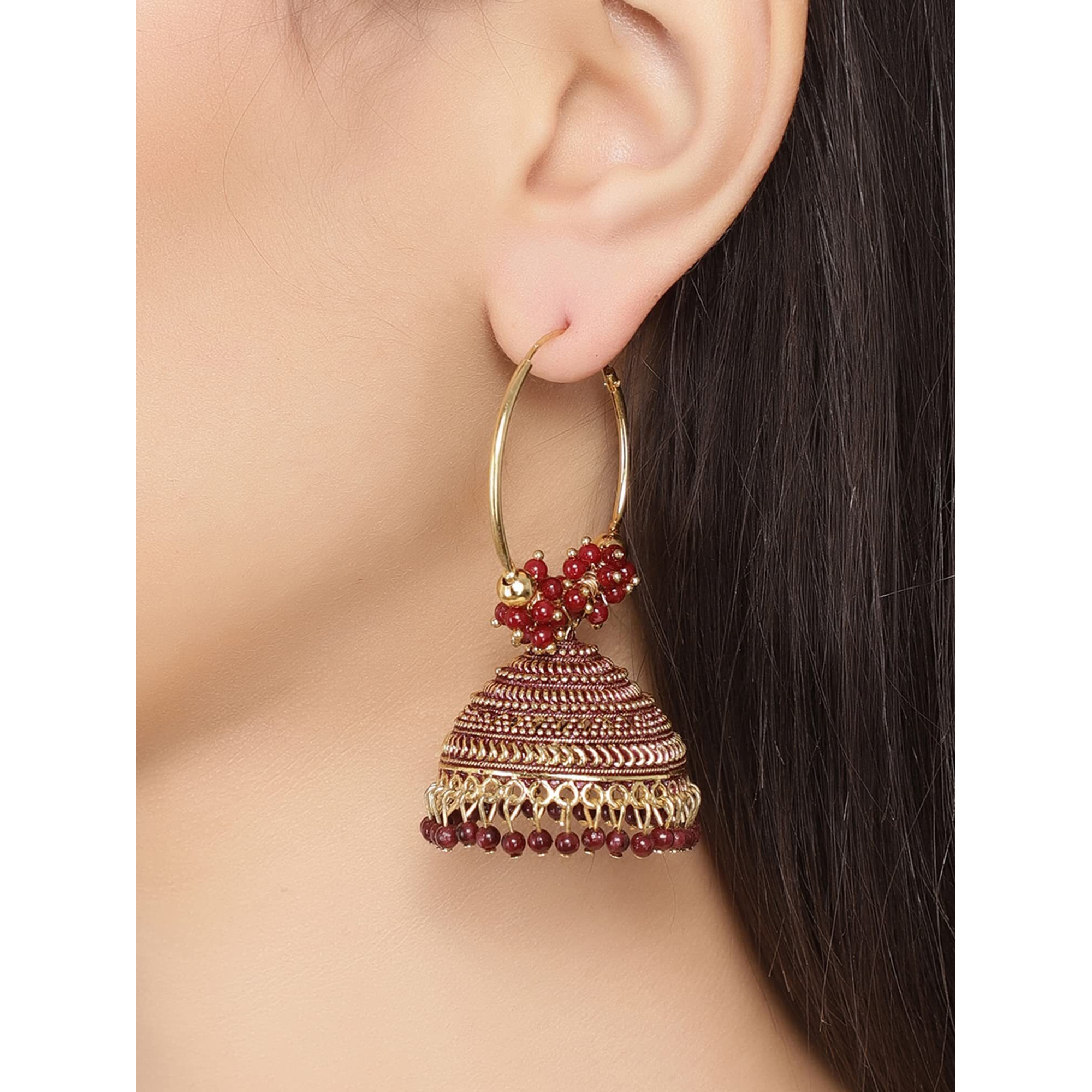 Shining Diva Fashion Latest Stylish Traditional Hoop Jhumki Earrings for Women & Girls (13624er), Gold Maroon, One Size