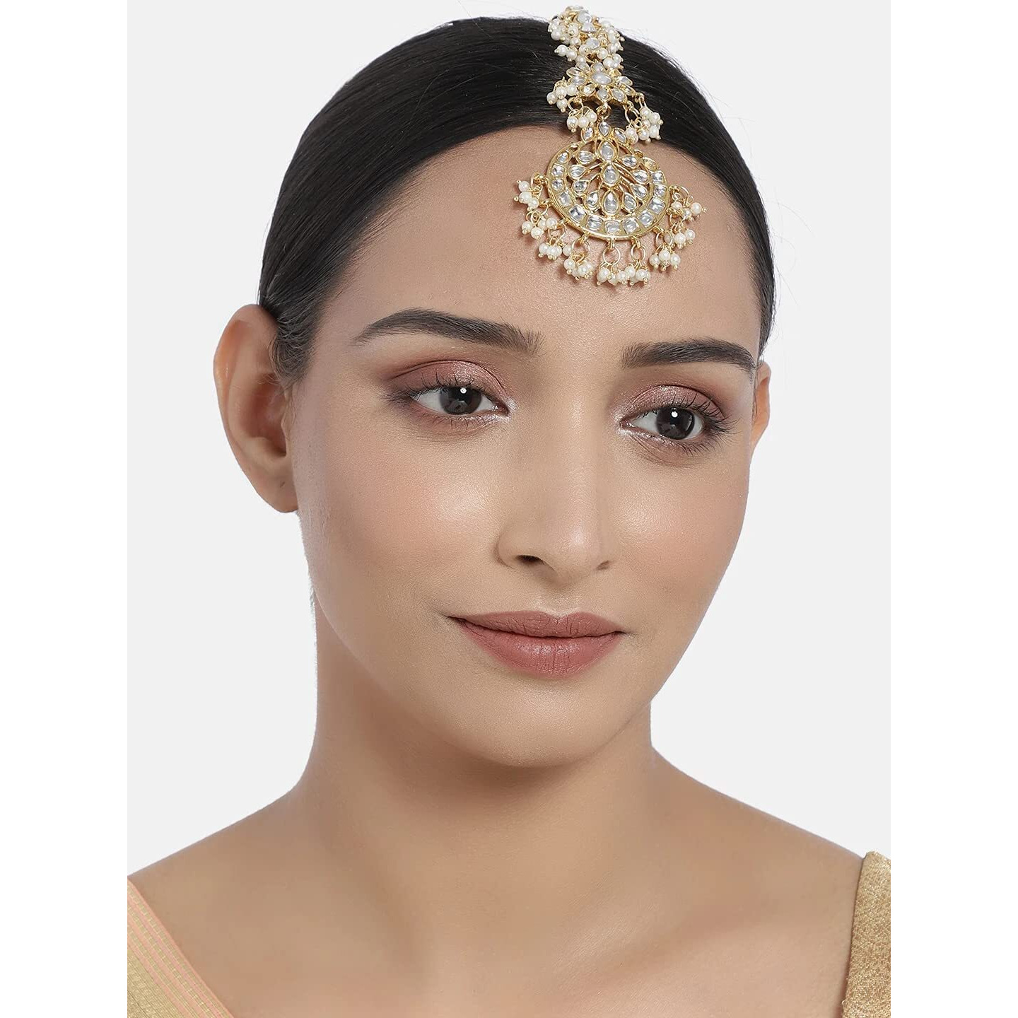 I Jewels 18K Gold Plated Traditional Pearls Kundan Studded Maang Tikka For Women/Girls (T2872W)
