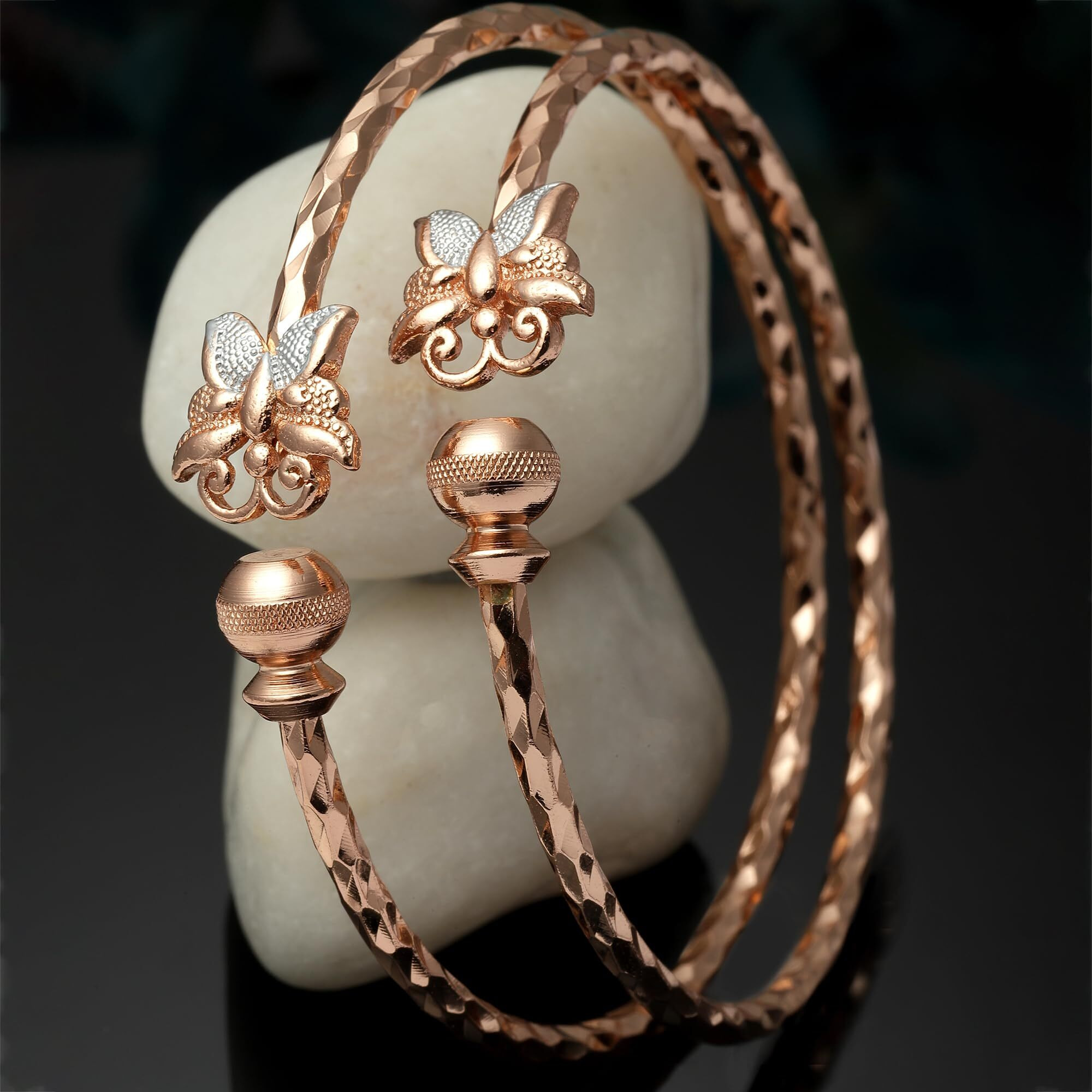 ZENEME 18k Rose Gold Plated Crystal Butterfly Design Handcrafted Set of 2 Kada Bangle Bracelet For Women