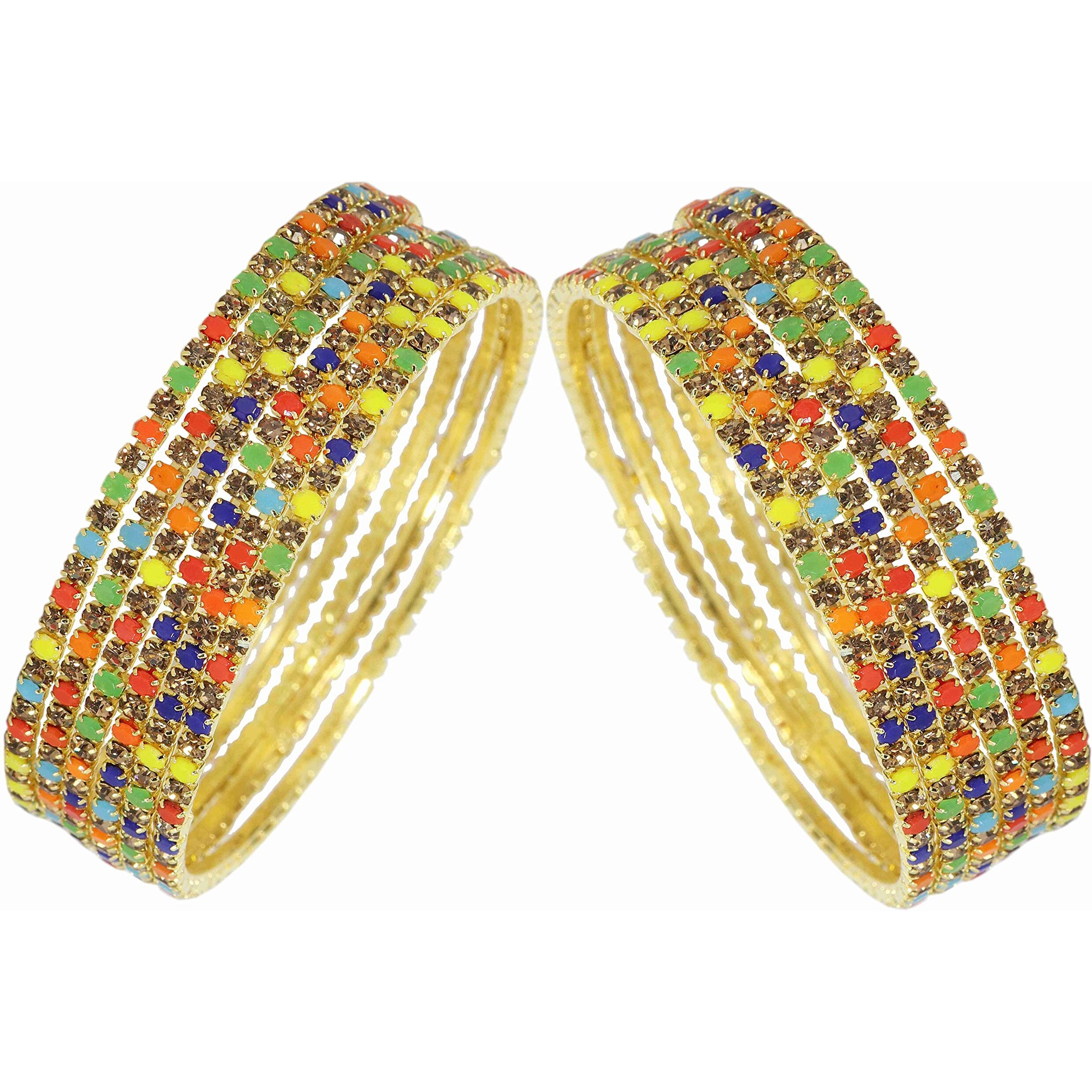 ZULKA Non-Precious Metal with Base Metal and Zircon Gemstone Studded Premium and Traditional Glossy Finished Sleek Bangle set for Women and Girls,(G-Multi_2.4Inches), Pack Of 12 Bangles
