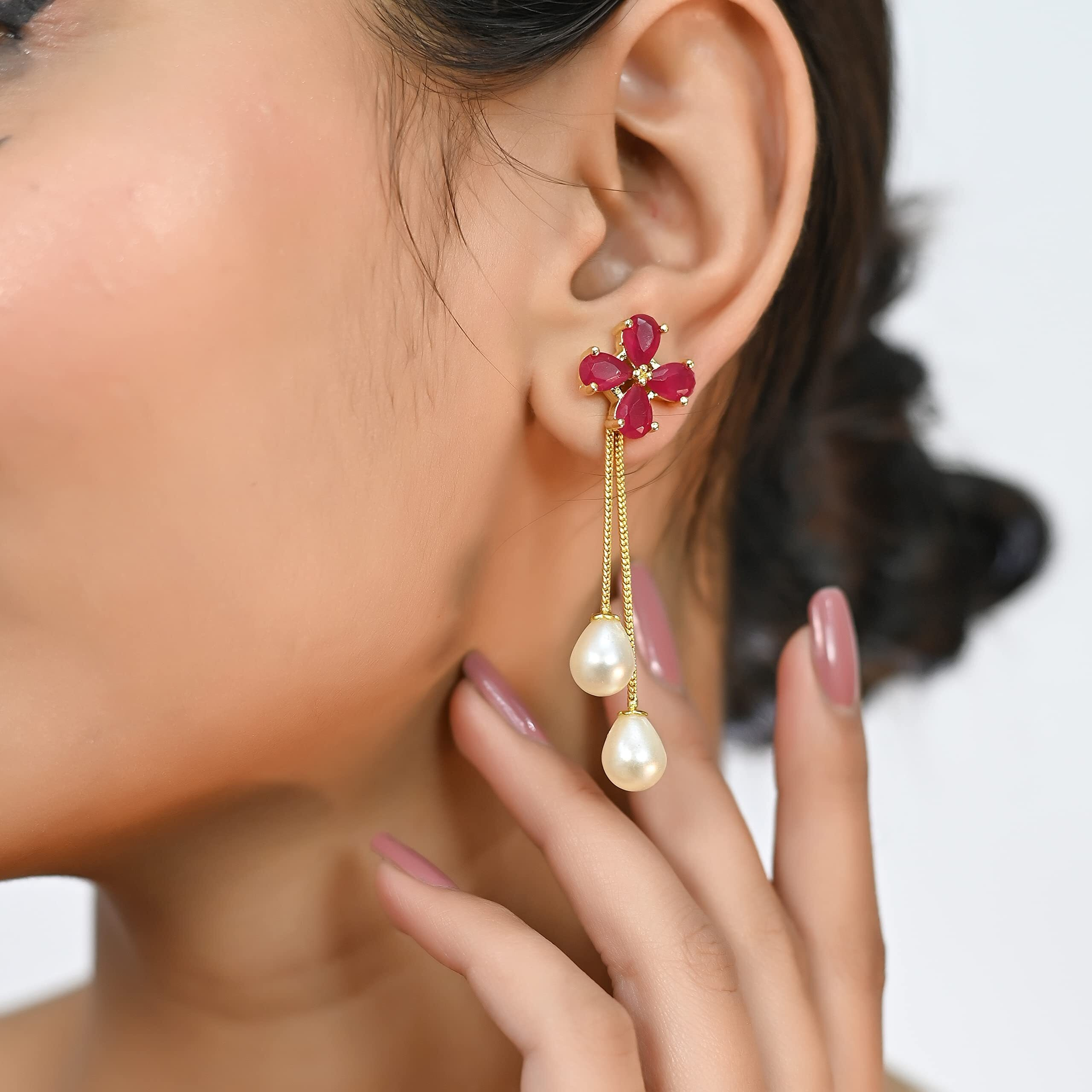 Ratnavali Jewels Fashion Jewellery Gold Plated Sparkling Colors Pearl Fancy Dangle & Drop Earrings Tops Women/Girls