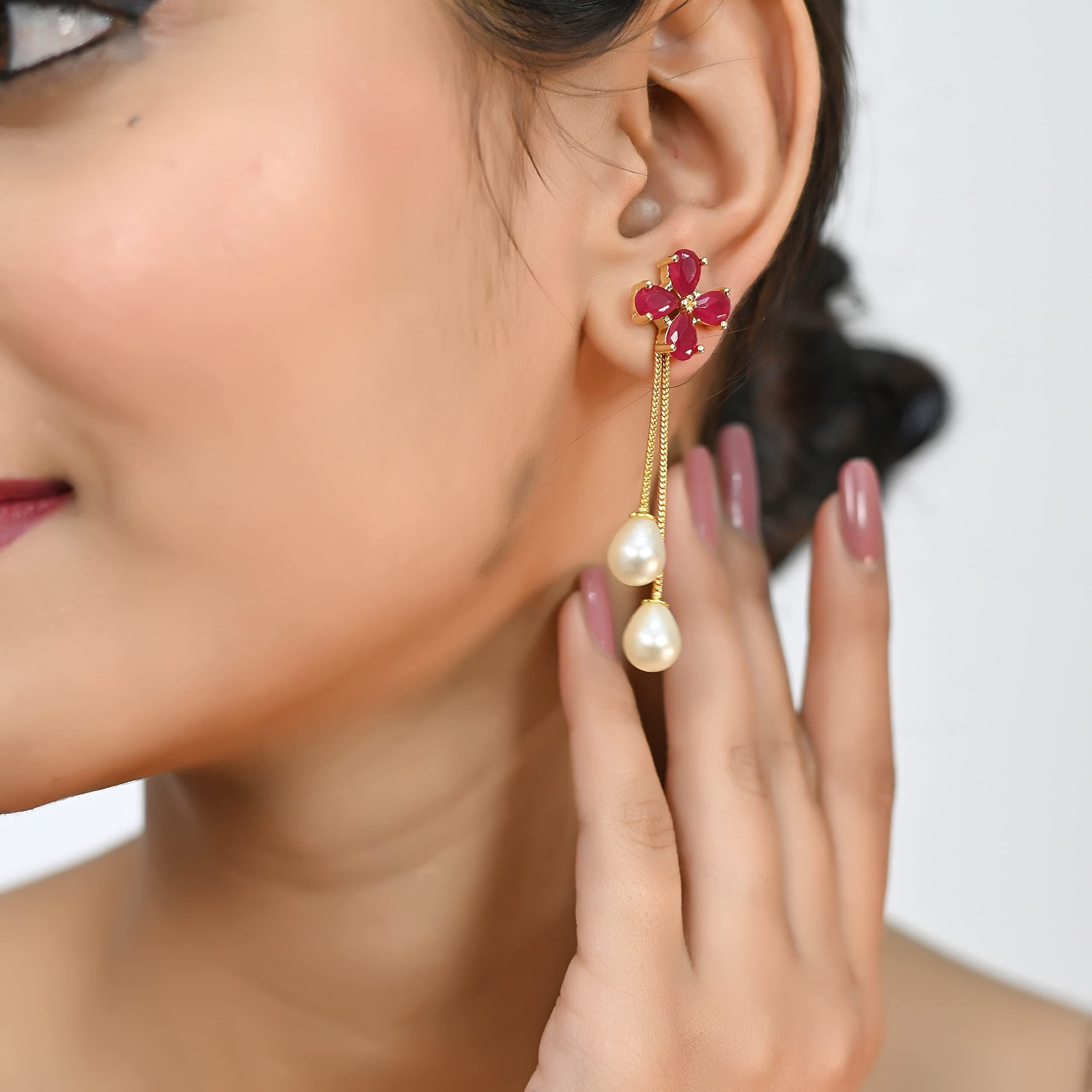 Ratnavali Jewels Fashion Jewellery Gold Plated Sparkling Colors Pearl Fancy Dangle & Drop Earrings Tops Women/Girls