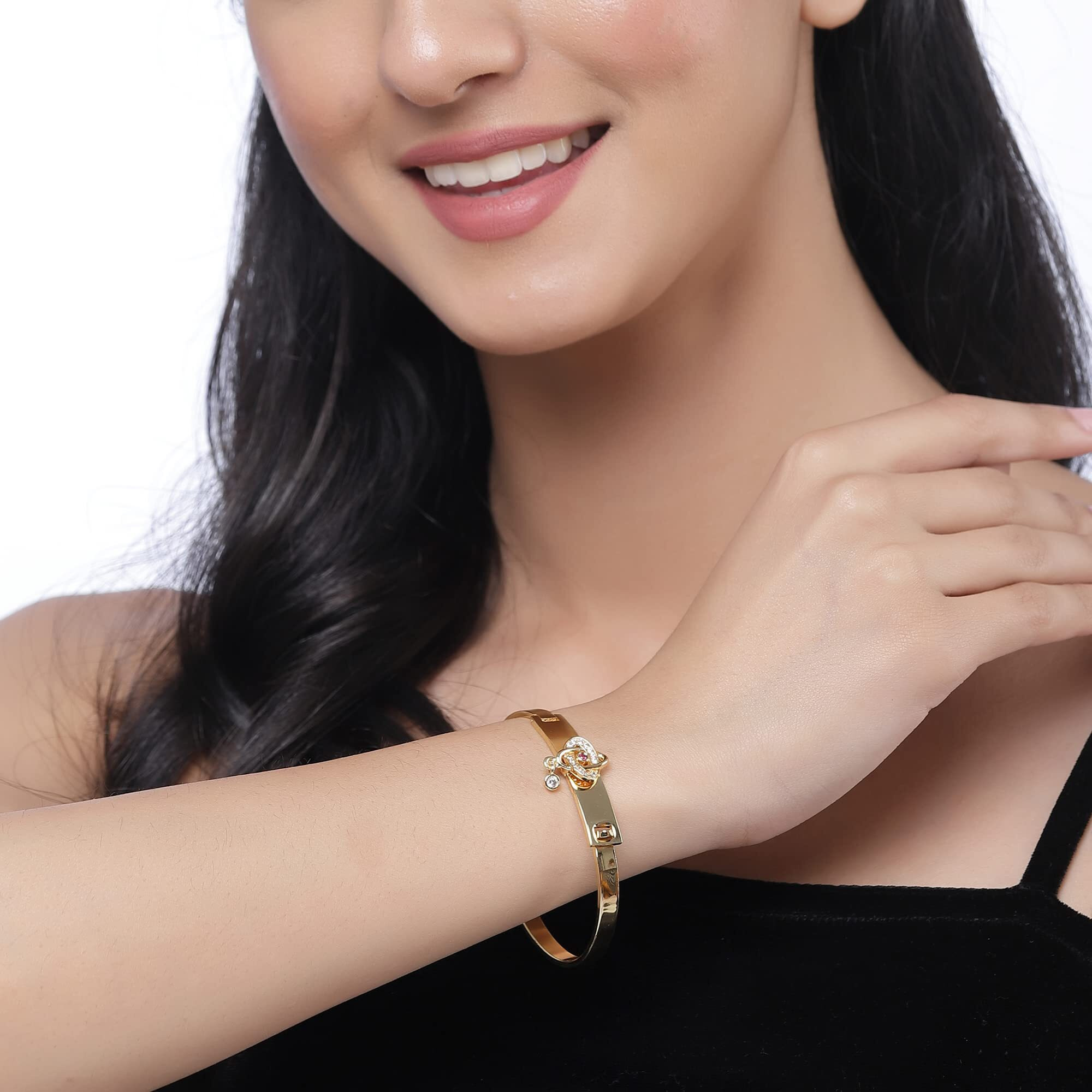 ZENEME Gold-Plated White & Red Cubic Zirconia Studded Openable Bangle Kada Handcrafted Stylish Cuff Bracelet for Women and Girls