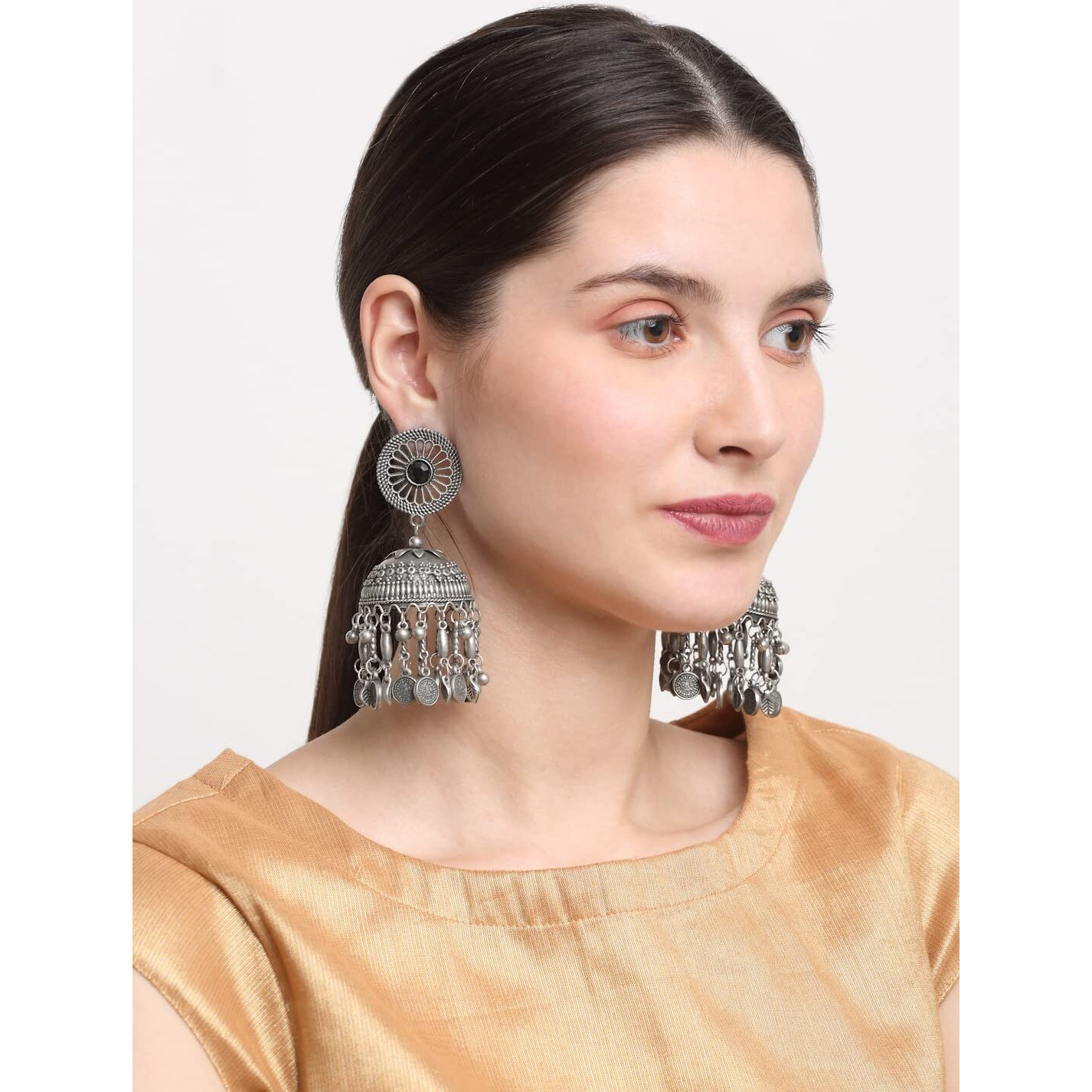 YouBella Jewellery Celebrity Inspired Oxidised Silver Big Size Jhumki Earrings for Girls and Women (Style 5)
