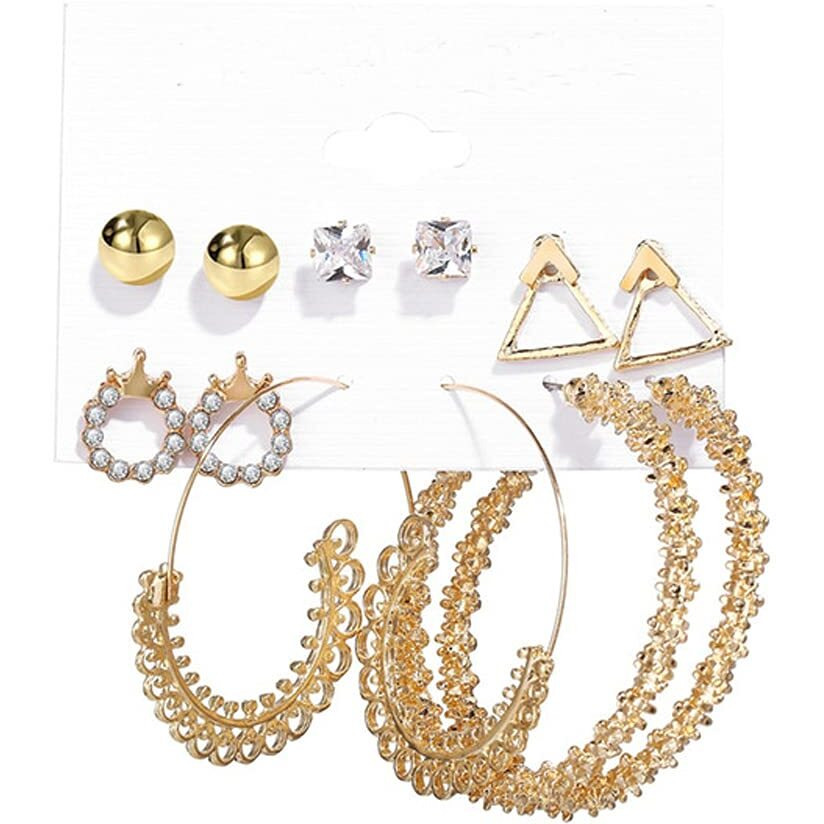 Shining Diva Fashion 6 Pairs Combo Latest Stylish Design Metal Earrings for Women and Girls (B12741er), Golden, 1