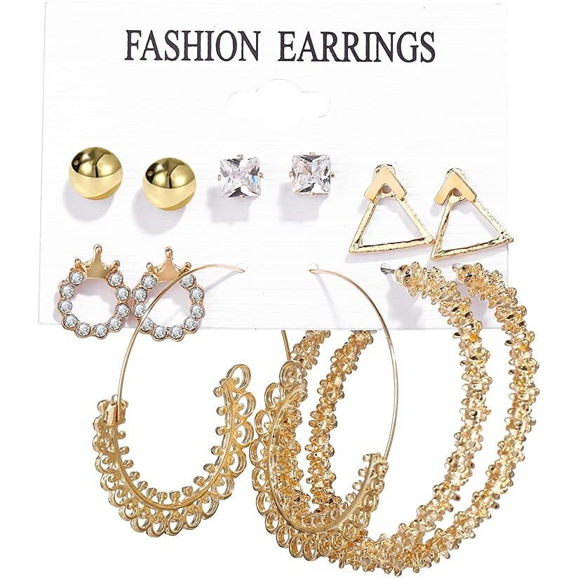 Shining Diva Fashion 6 Pairs Combo Latest Stylish Design Metal Earrings for Women and Girls (B12741er), Golden, 1
