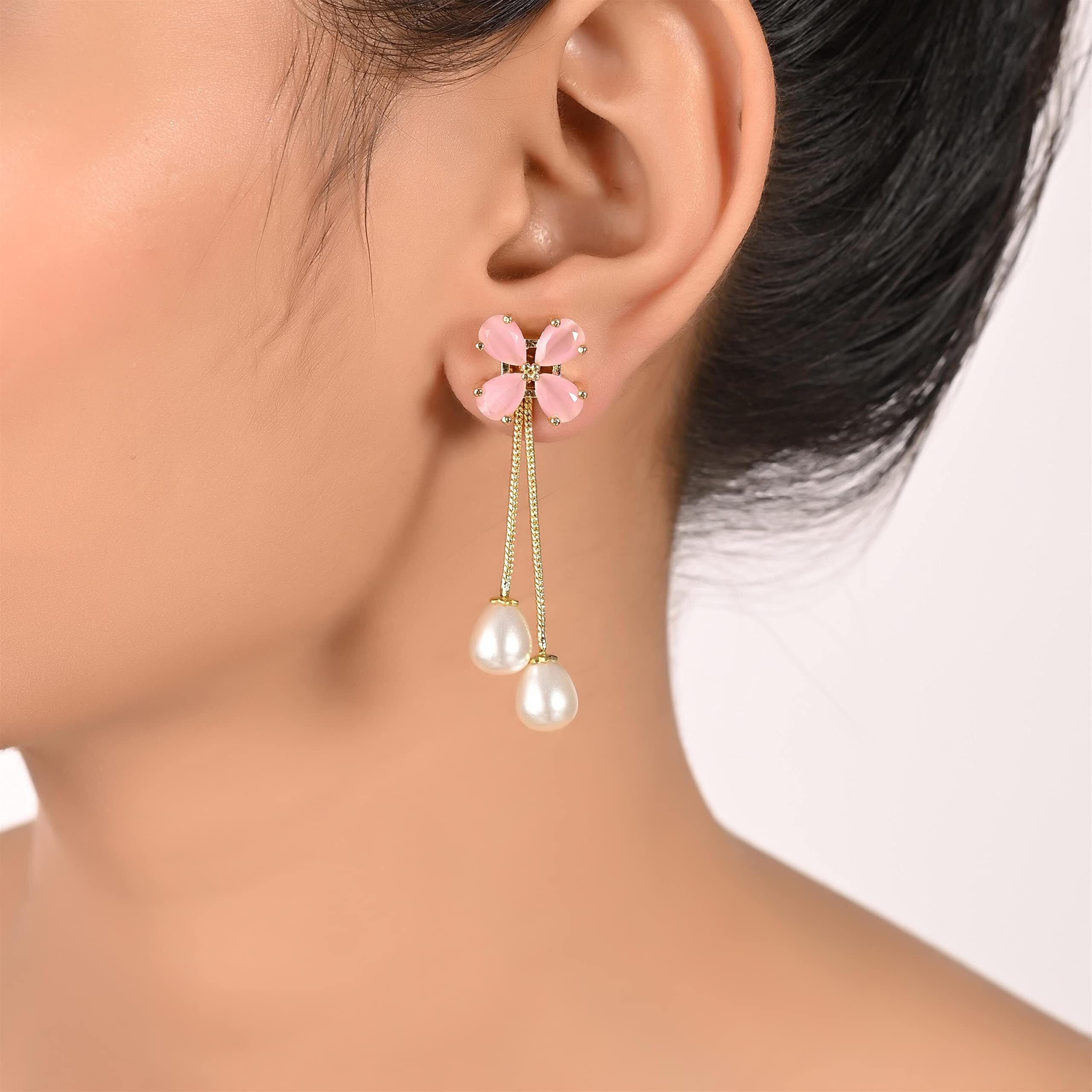 Ratnavali Jewels Fashion JewelleryPink Gold Plated Sparkling Colors Pearl Fancy Dangle & Drop Earrings Tops Women/Girls