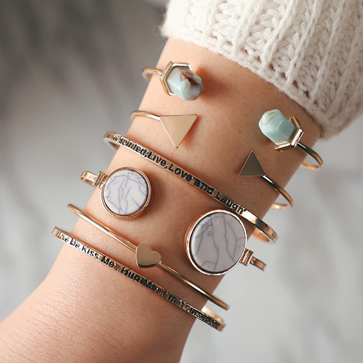 Jewels Galaxy Gold Toned & Gold Plated Set of 6 Contemporary Stackable Korean Bracelet Set with Quotes For Women and Girls (CT-BNGA-49186)