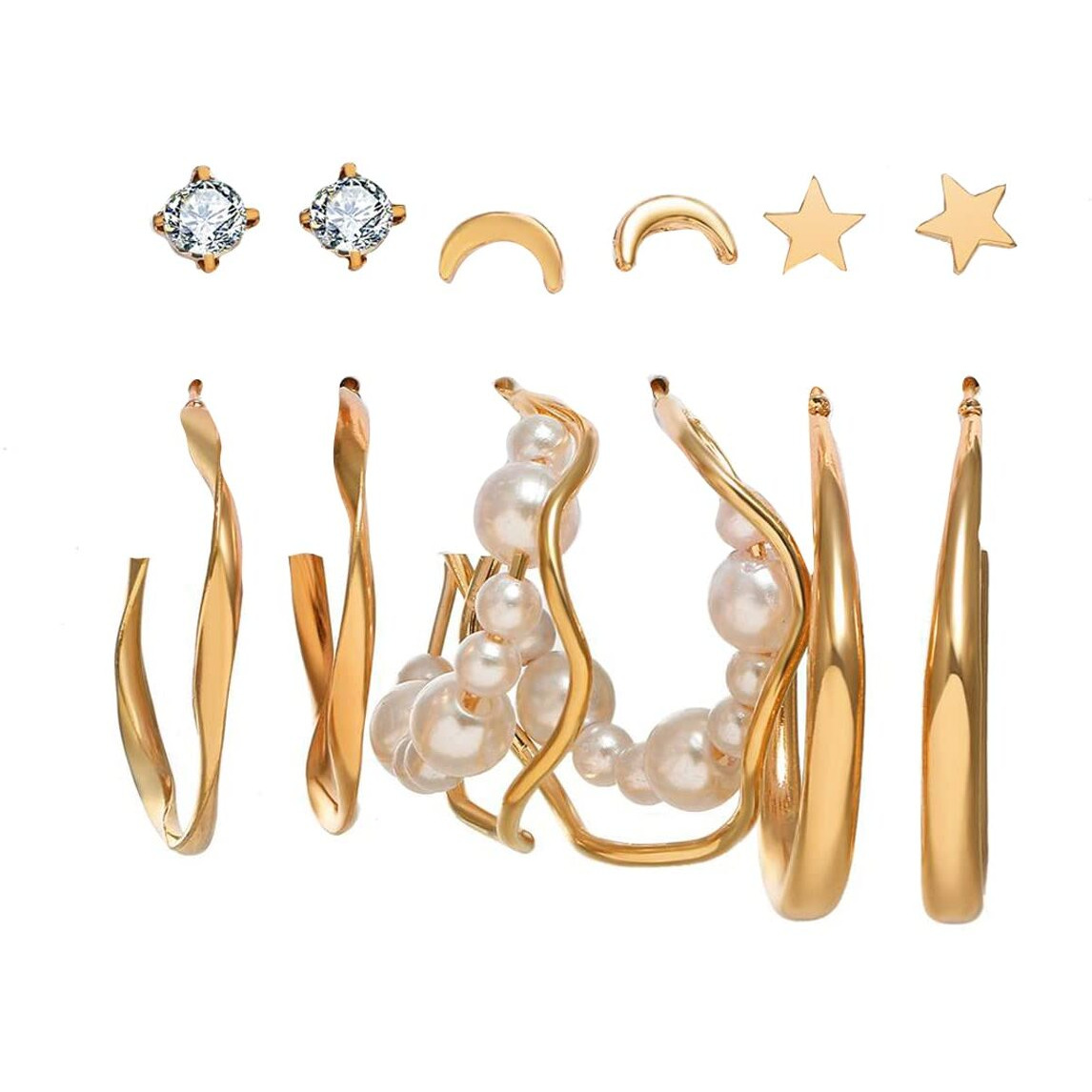 Jewels Galaxy Jewellery For Women Gold Plated Contemporary Stars and Moon Studs and Hoop Earrings Set of 6 (JG-PC-ERGT-8725)