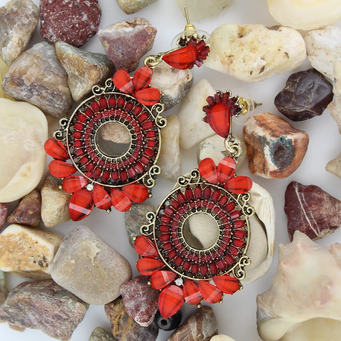Nakabh Ethnic Gold Plated Oxidised Alloy Jhumki Earrings for Women Stylish (Design 02 (Red))