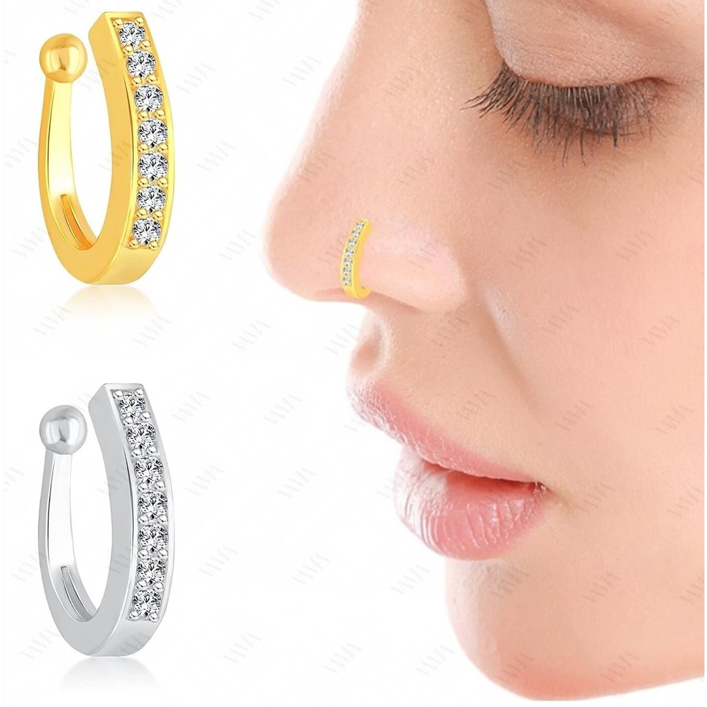 VAMA FASHIONS Clip on Nose Ring Without non Piercing Pressing Type Nose Pins Stud for Women - Combo 2pcs Gold & Silver (Clip on nose rings)