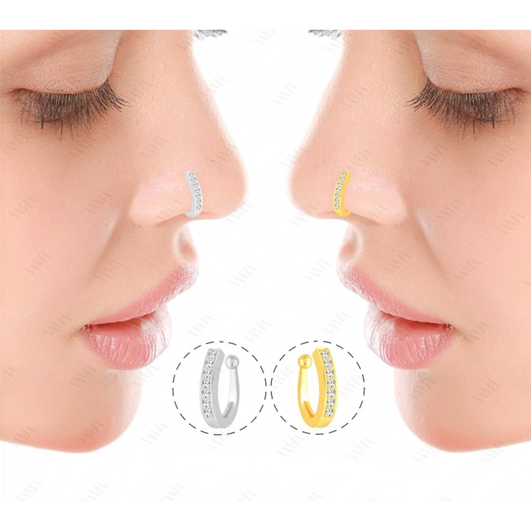 VAMA FASHIONS Clip on Nose Ring Without non Piercing Pressing Type Nose Pins Stud for Women - Combo 2pcs Gold & Silver (Clip on nose rings)