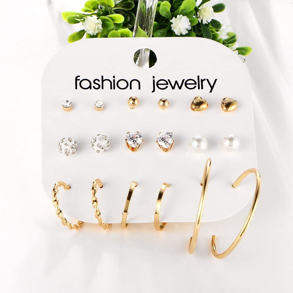 Shining Diva Fashion Latest Stylish Combo Design 9 Pairs Metal Earrings for Women and Girls (K12733er), Golden, 1