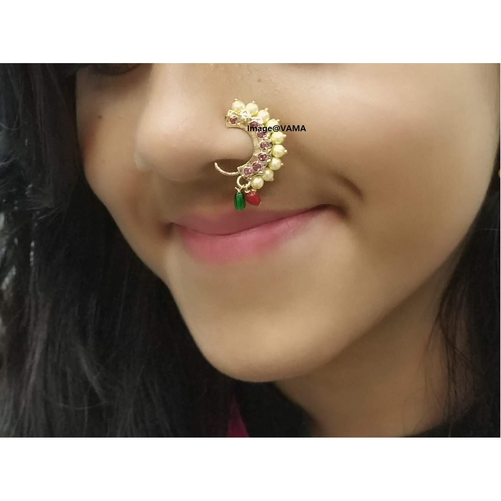 VAMA FASHIONS Maharashtrian Marathi Nath without piercing Mukuthi Nathiya nose pin ring for women.