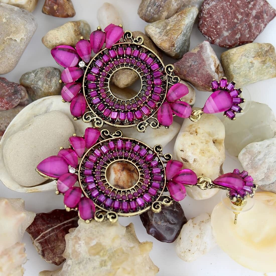 Nakabh Ethnic Gold Plated Oxidised Alloy Jhumki Earrings for Women Stylish (Design 02 (Pink))